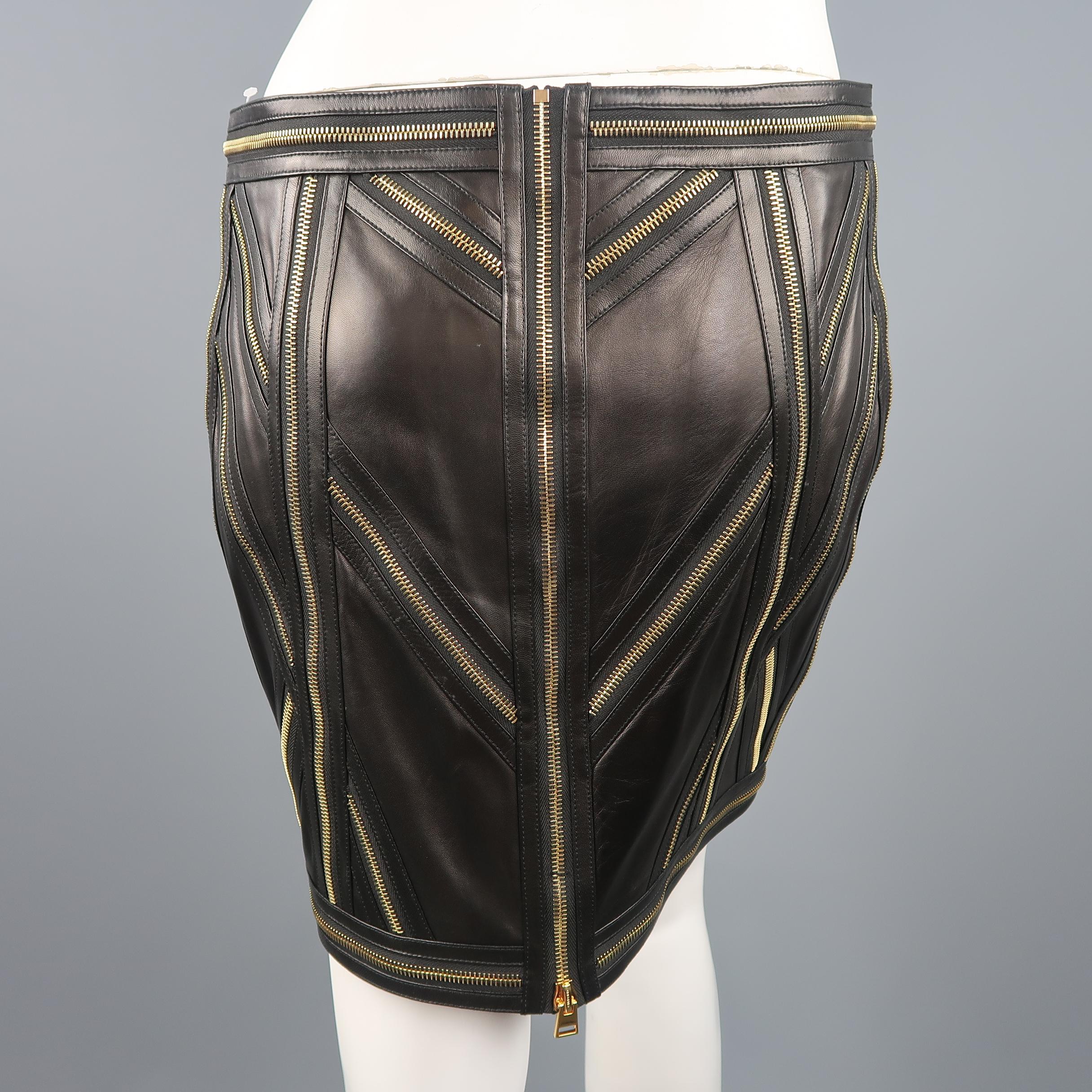 Women's TOM FORD Size 6 Black Leather Gold Zippers Pattern Mini Skirt
