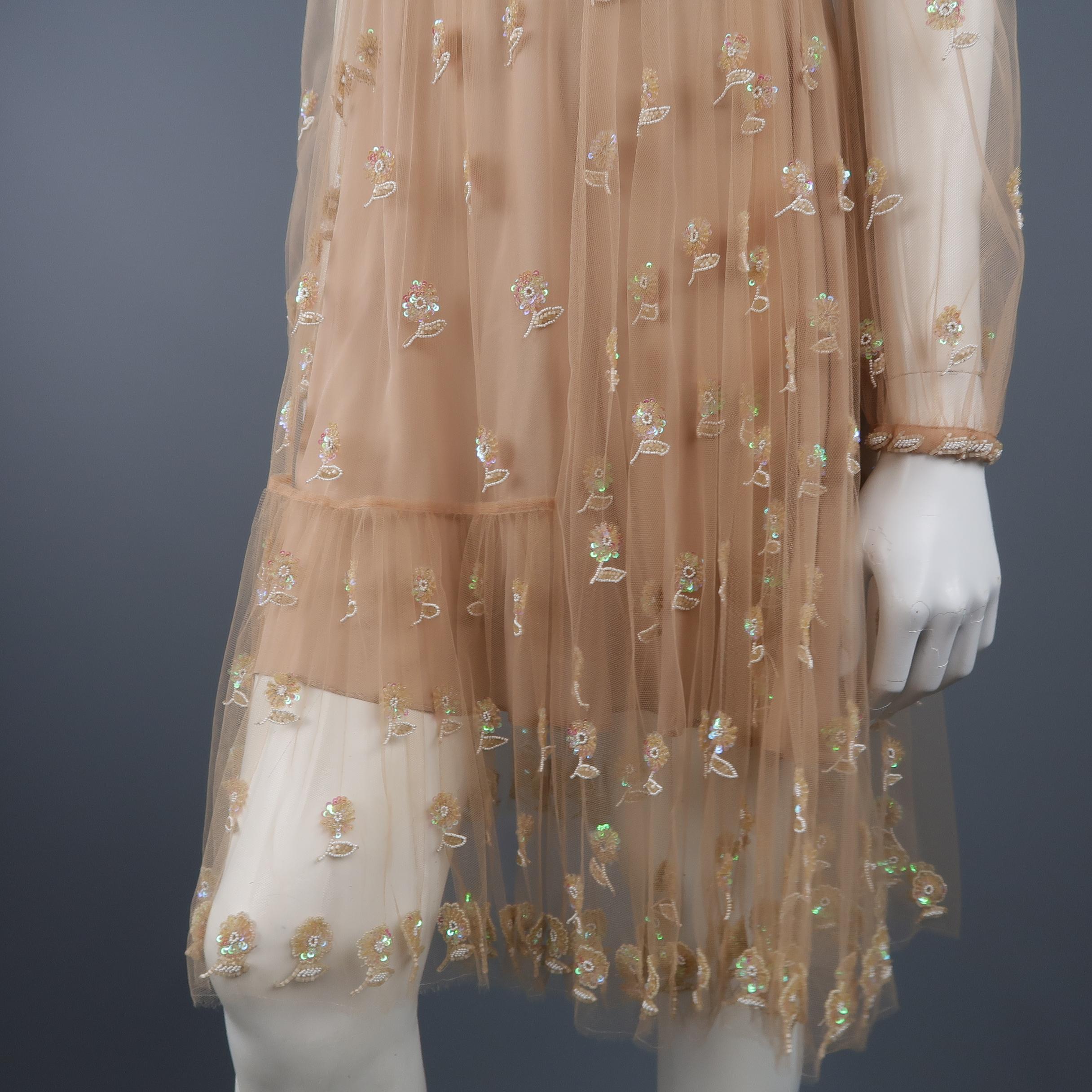 Brown Valentino Dress - Tan Floral Beaded Tulle Scarf Cocktail Dress