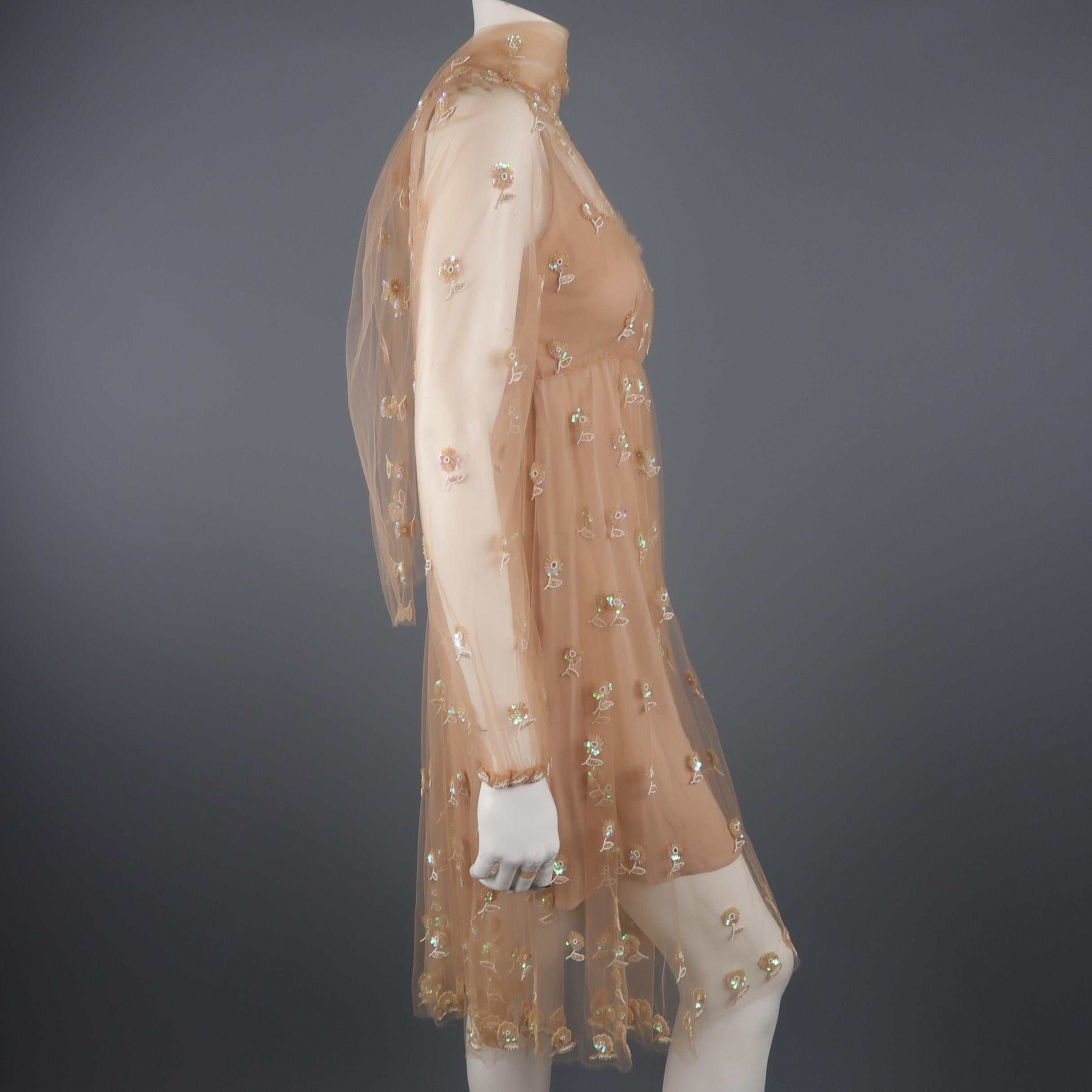 Valentino Dress - Tan Floral Beaded Tulle Scarf Cocktail Dress In Excellent Condition In San Francisco, CA