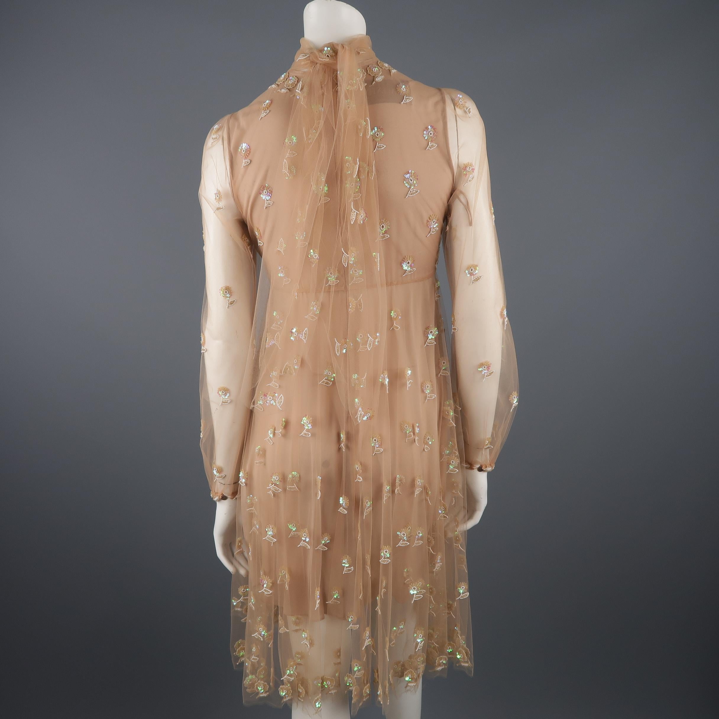 Women's Valentino Dress - Tan Floral Beaded Tulle Scarf Cocktail Dress