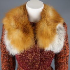 ALBERTA FERRETTI Size 2 Burgundy Patchwork Wool Blend Fur Collar Coat