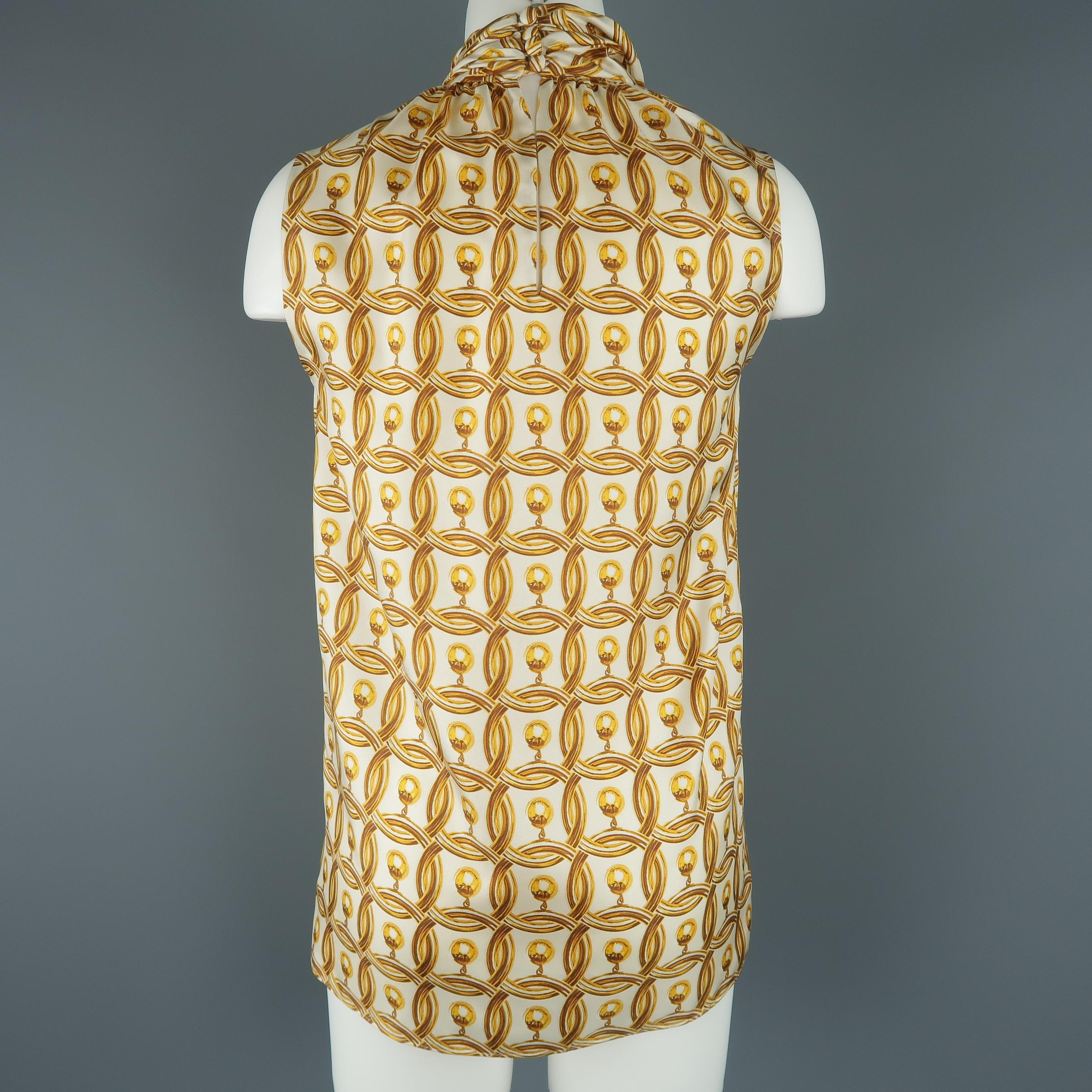MOSCHINO Size 6 Gold & Cream Hoop Earring Print Silk Bow Dress Top 1