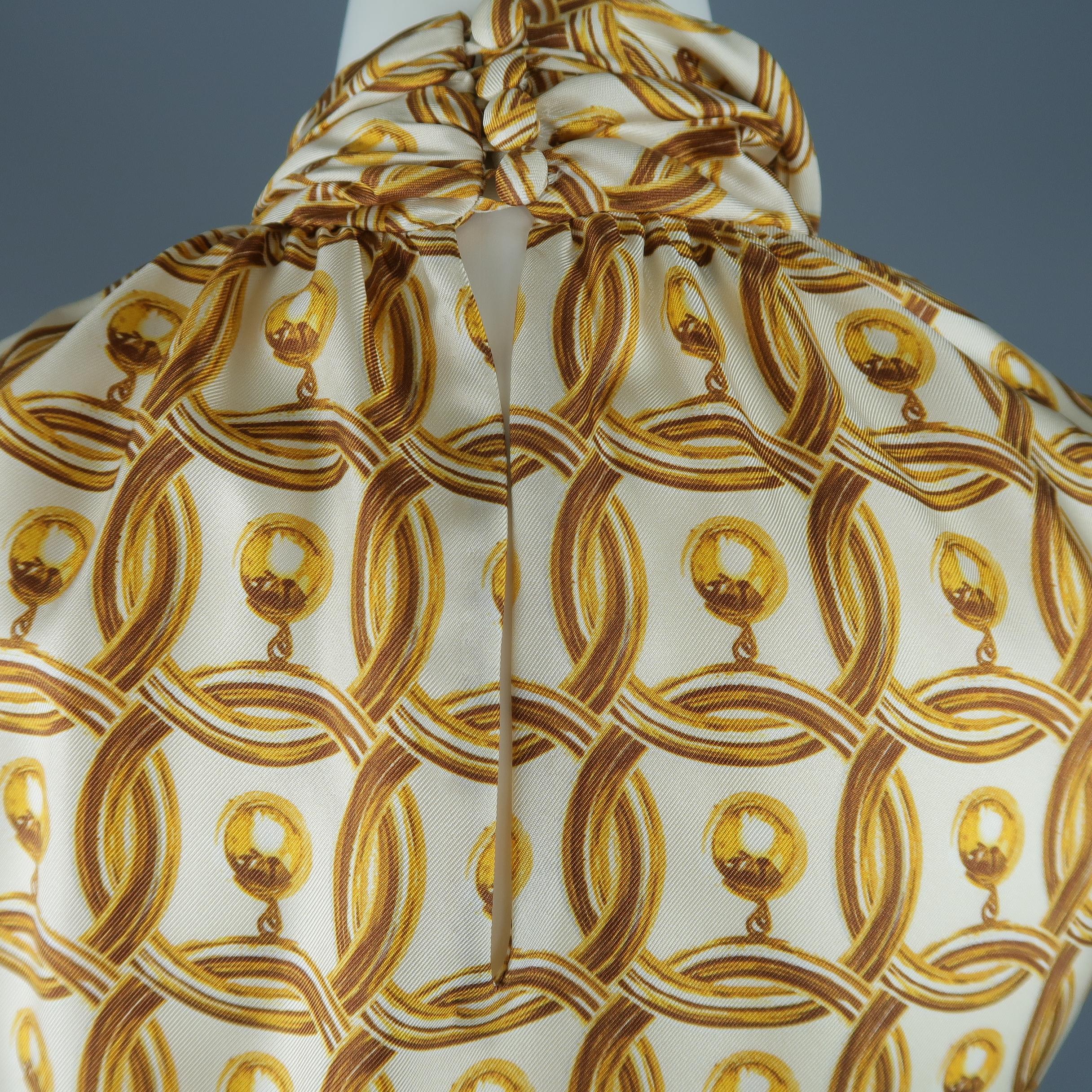 MOSCHINO Size 6 Gold & Cream Hoop Earring Print Silk Bow Dress Top 3
