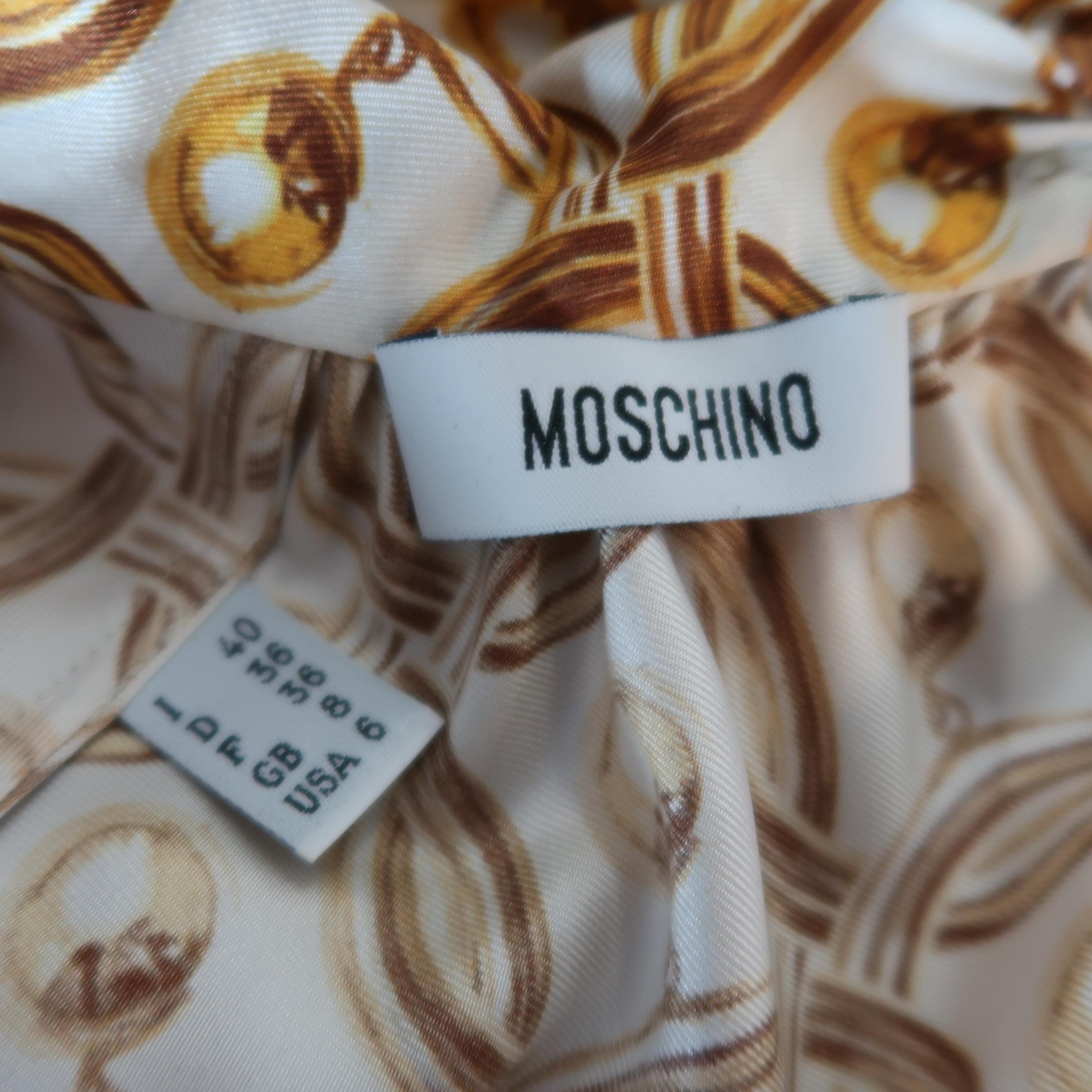 MOSCHINO Size 6 Gold & Cream Hoop Earring Print Silk Bow Dress Top 4