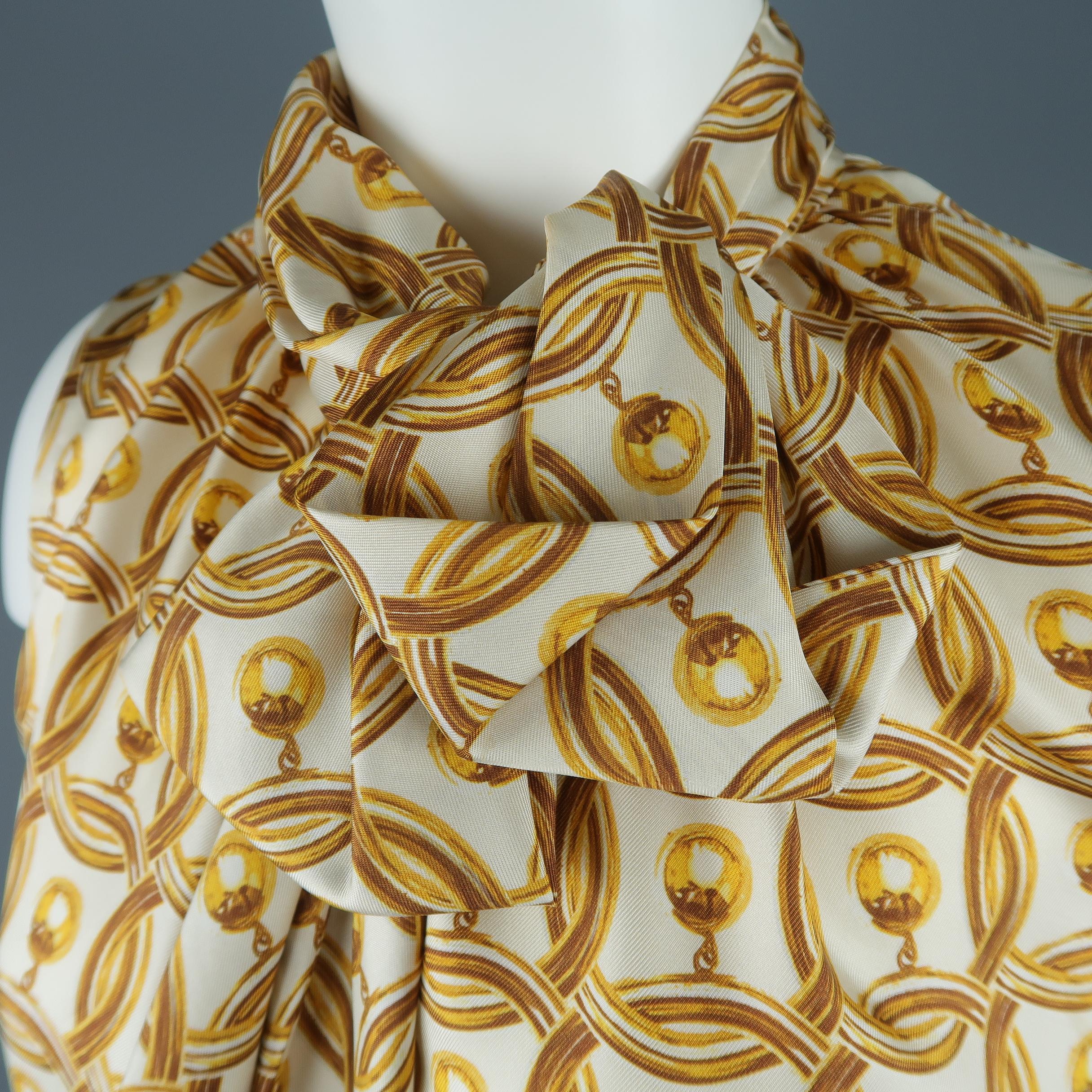 Brown MOSCHINO Size 6 Gold & Cream Hoop Earring Print Silk Bow Dress Top