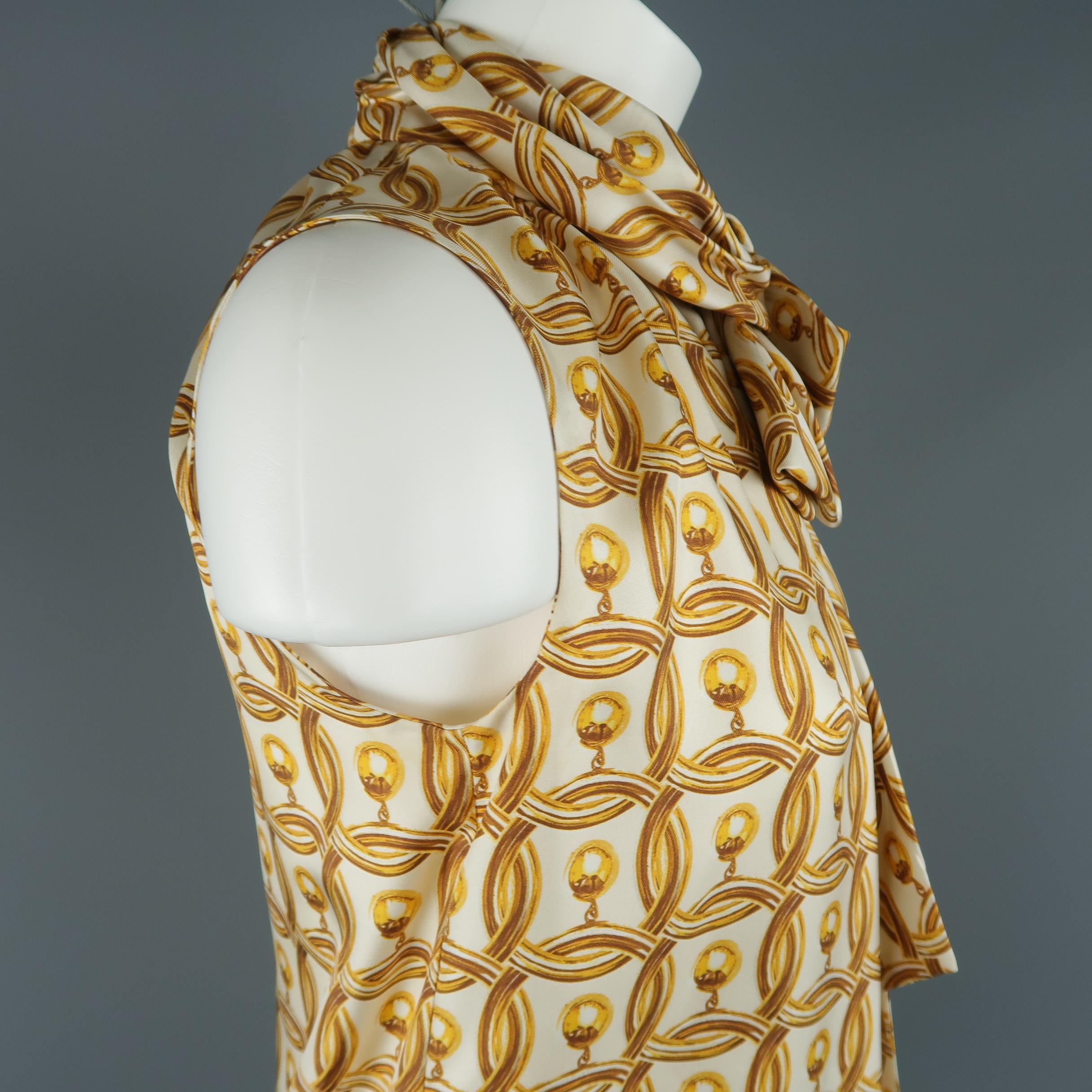 Women's MOSCHINO Size 6 Gold & Cream Hoop Earring Print Silk Bow Dress Top
