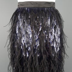 Erdem Black and Navy Sequined Silk and Ostrich Feather Pencil Skirt