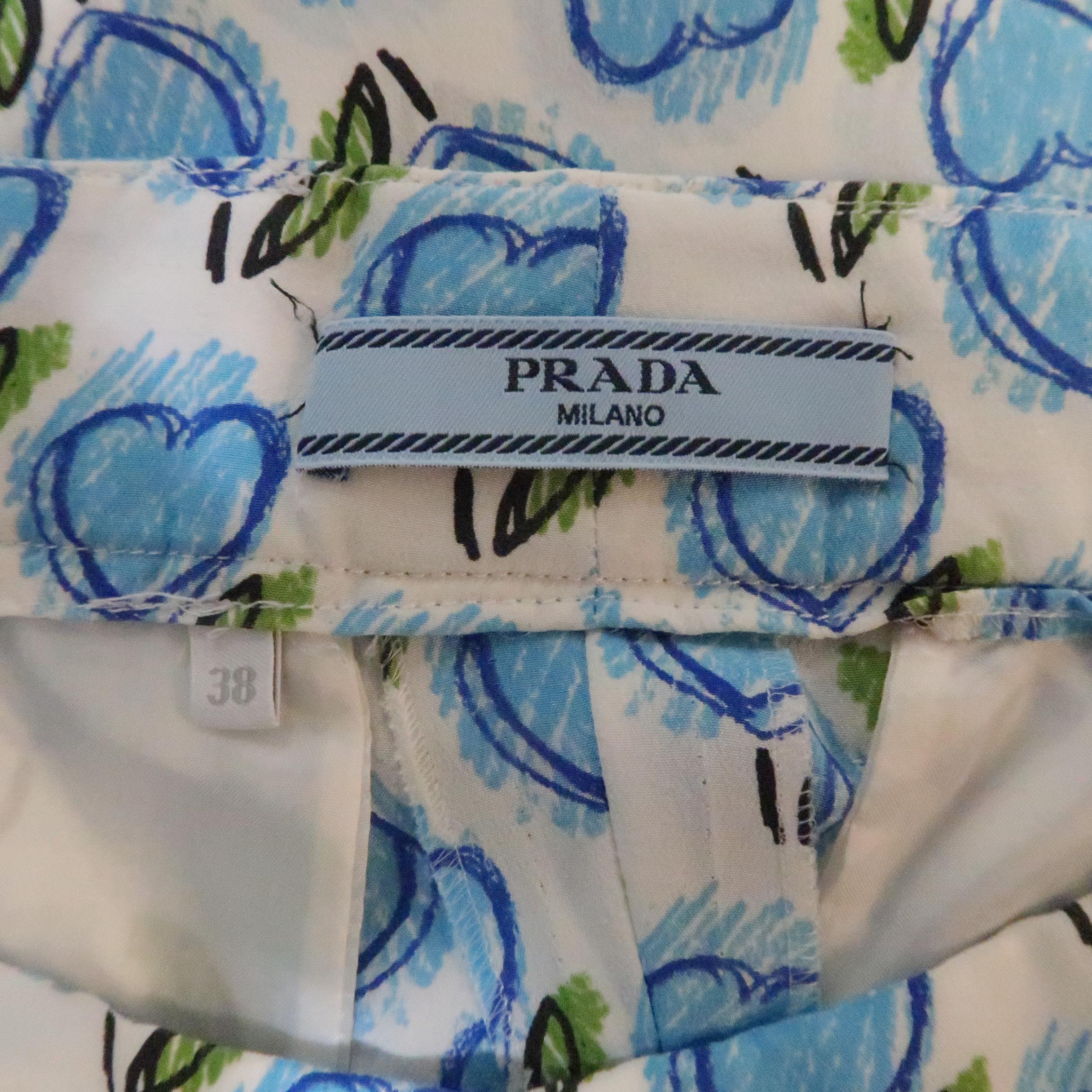 PRADA Size 2 White & Blue Silk Heart Print Casual Pants 1