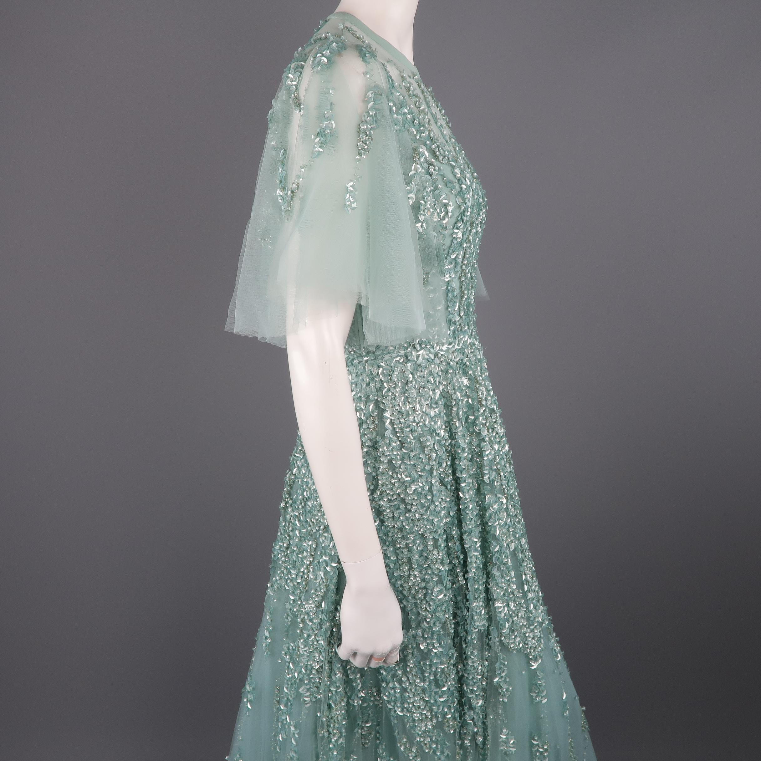 Elie Saab New Sea Foam Silk Beaded Floral Sequin Tulle Dress Gown  2