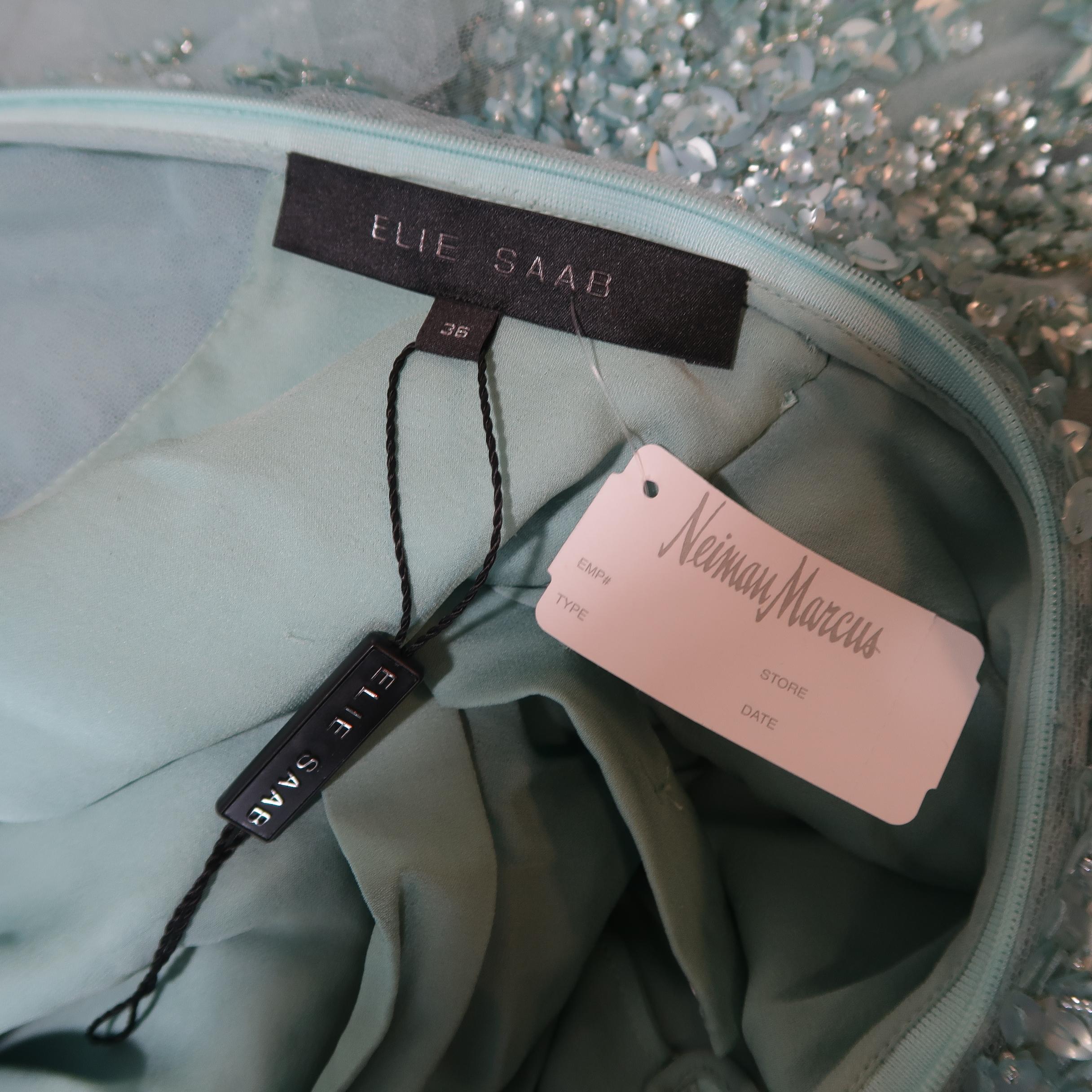 Elie Saab New Sea Foam Silk Beaded Floral Sequin Tulle Dress Gown  8