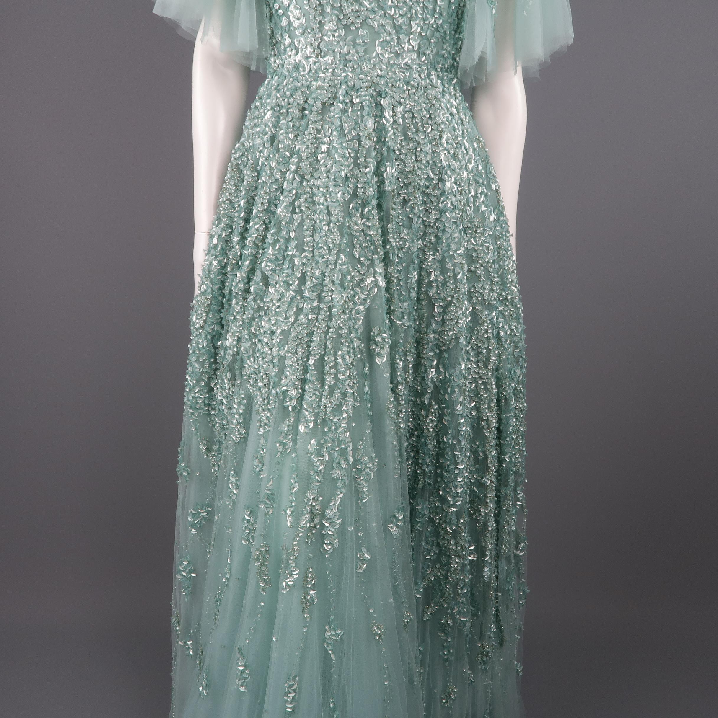 Gray Elie Saab New Sea Foam Silk Beaded Floral Sequin Tulle Dress Gown 