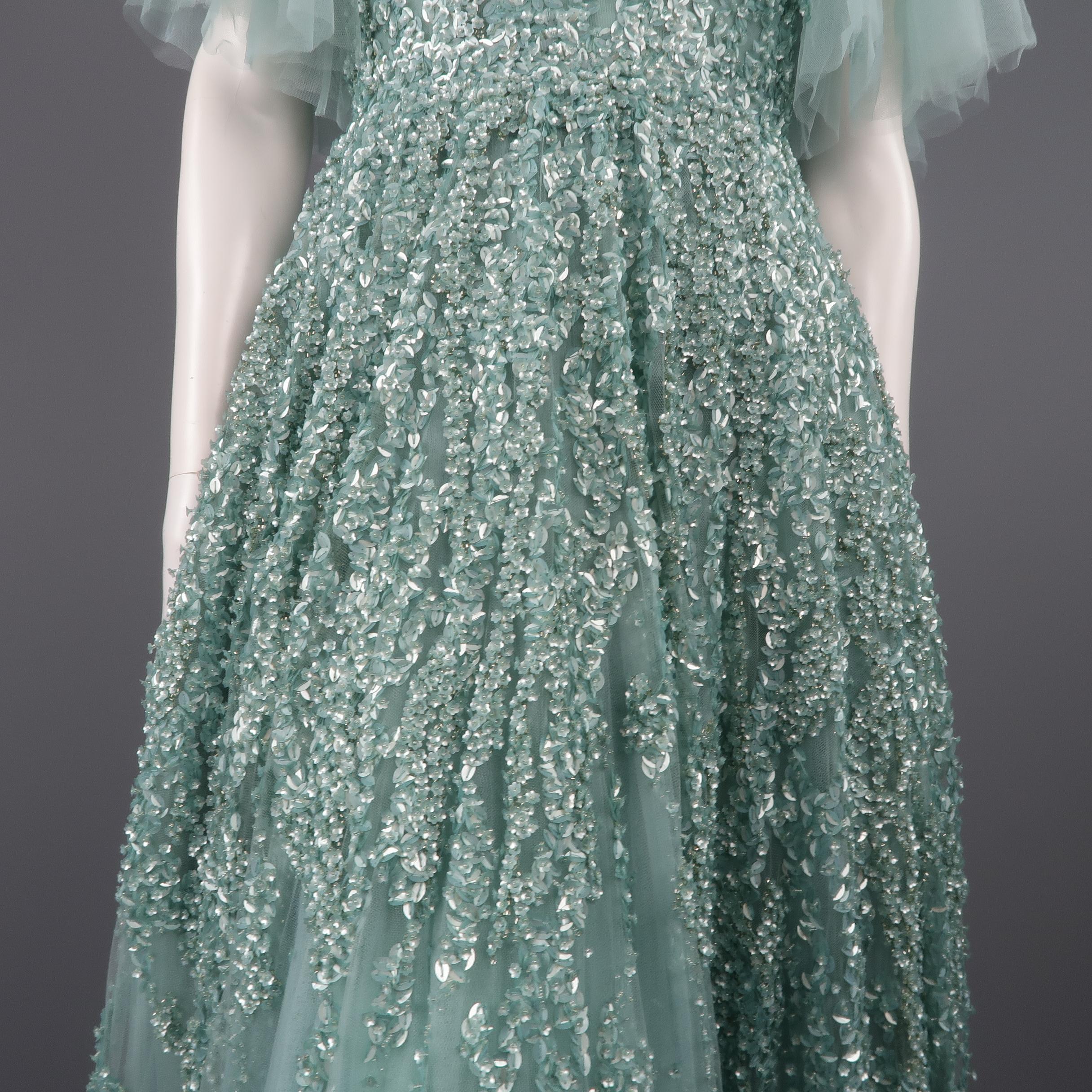 Elie Saab New Sea Foam Silk Beaded Floral Sequin Tulle Dress Gown  In New Condition In San Francisco, CA