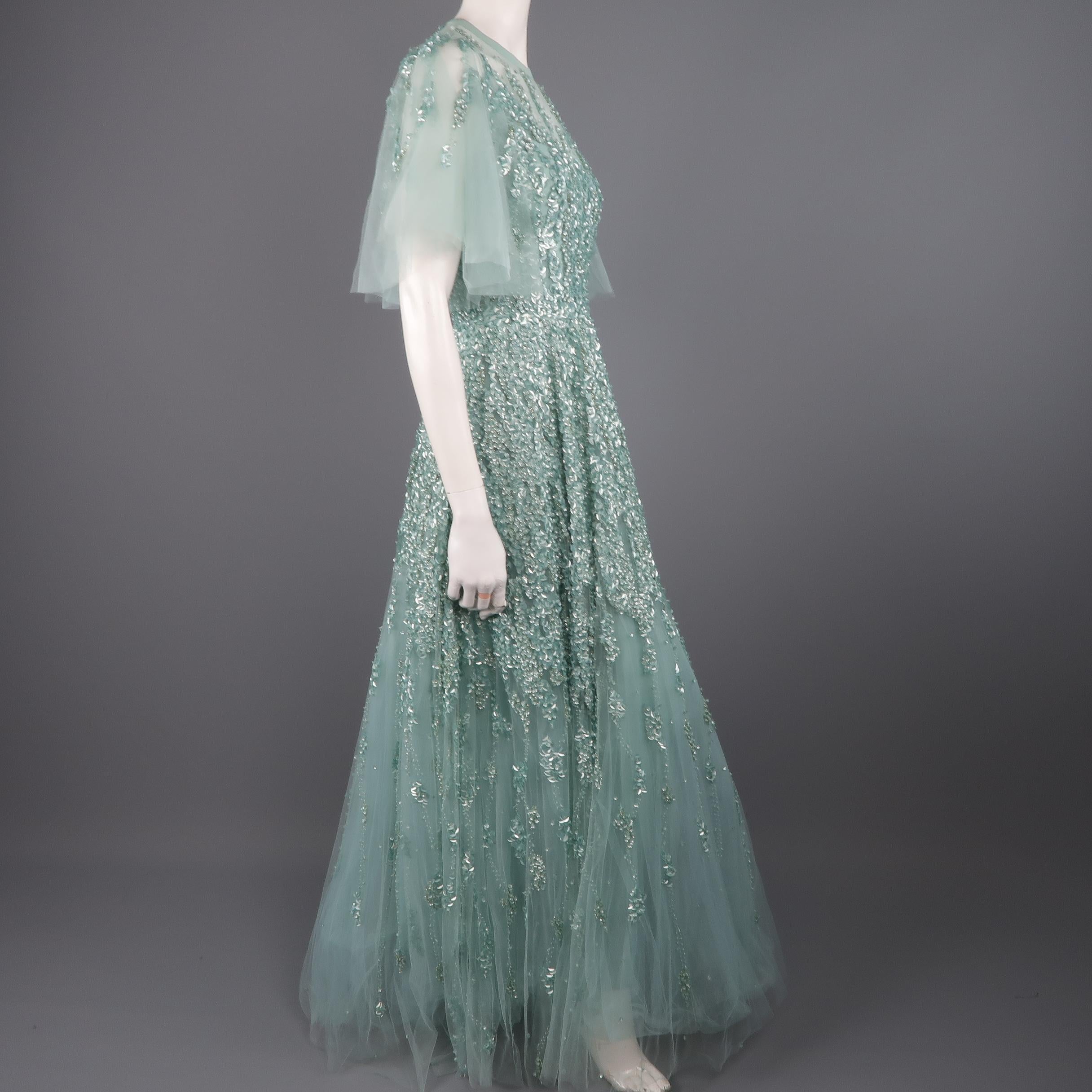 Elie Saab New Sea Foam Silk Beaded Floral Sequin Tulle Dress Gown  1