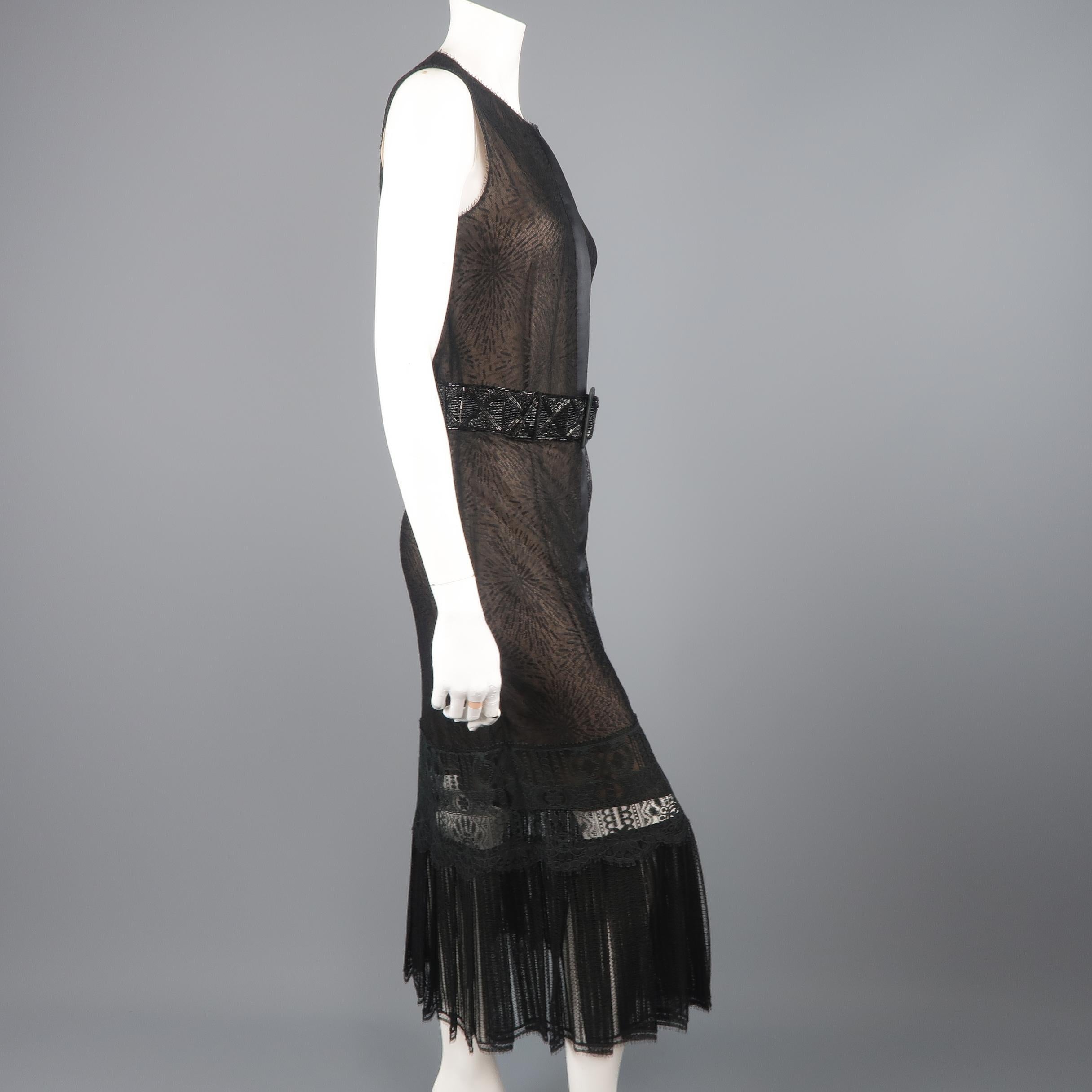 Richard Tyler Dress - Black Lace Ruffled Skirt Sleeveless Beaded Belt 3