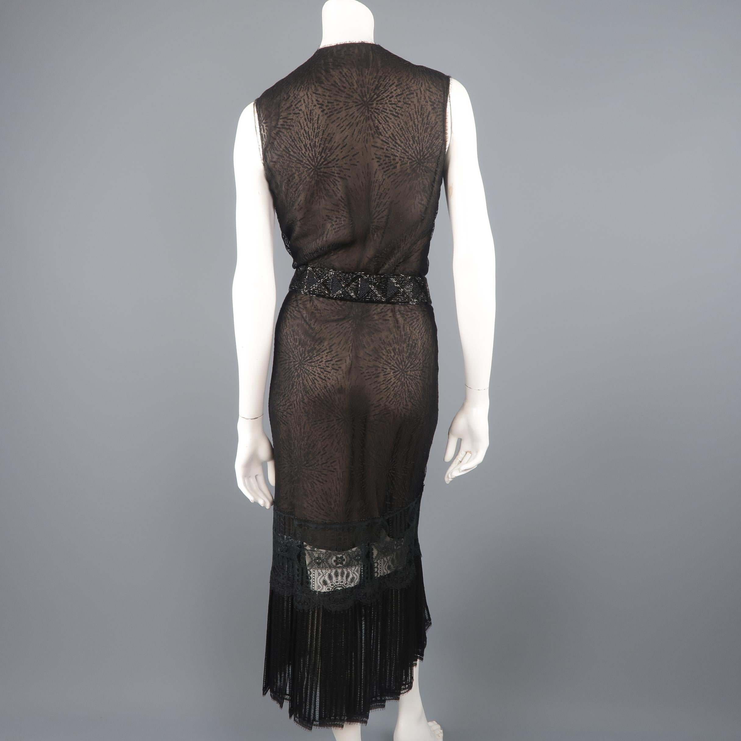 Richard Tyler Dress - Black Lace Ruffled Skirt Sleeveless Beaded Belt 4