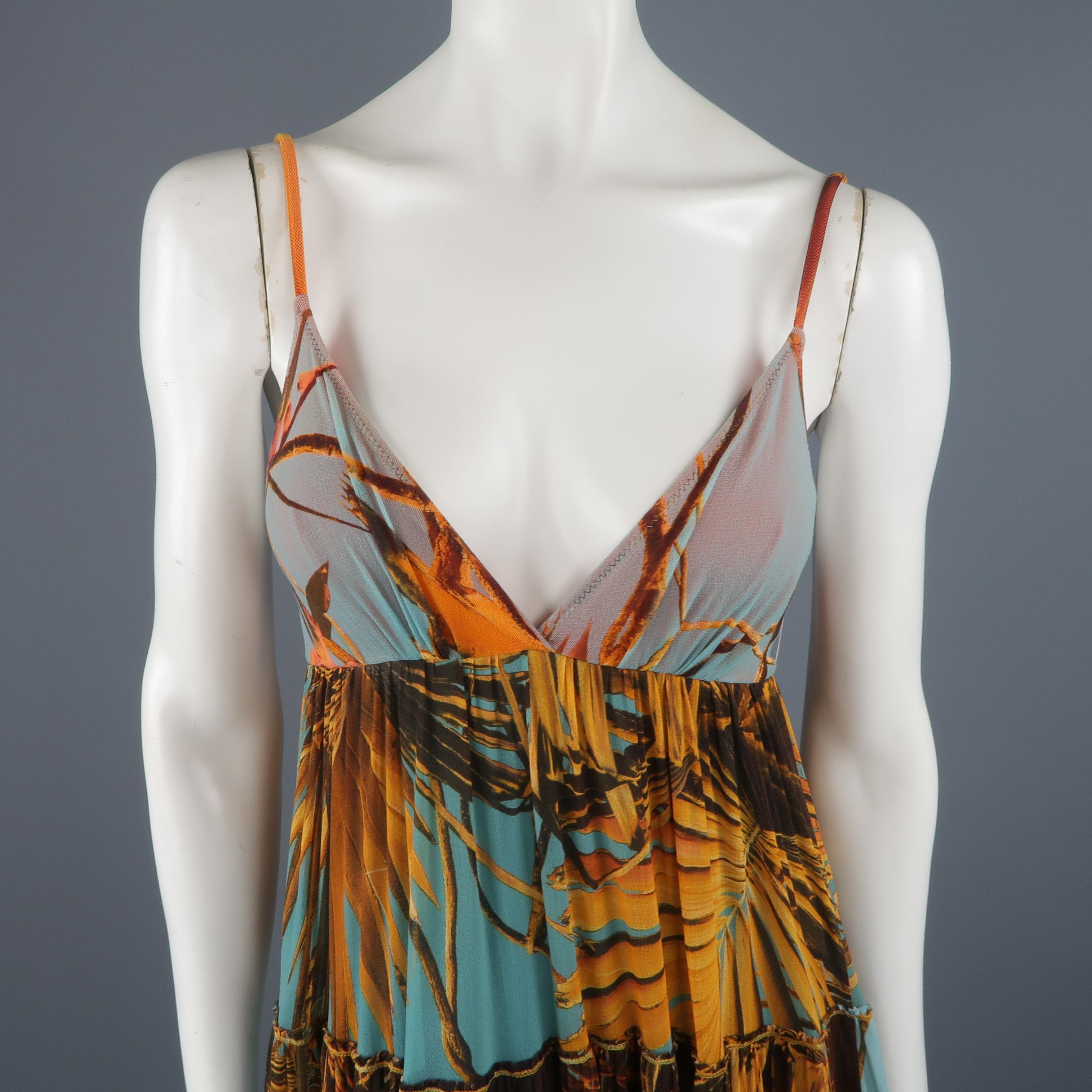 JEAN PAUL GAULTIER maxi dress comes in blue and orange palm print micro stretch mesh with a spaghetti strap bralette top and empire waist long, tiered, maxi skirt. Made in Italy.
 
Excellent Pre-Owned Condition.
Marked: S
 
Measurements:
 
Shoulder: