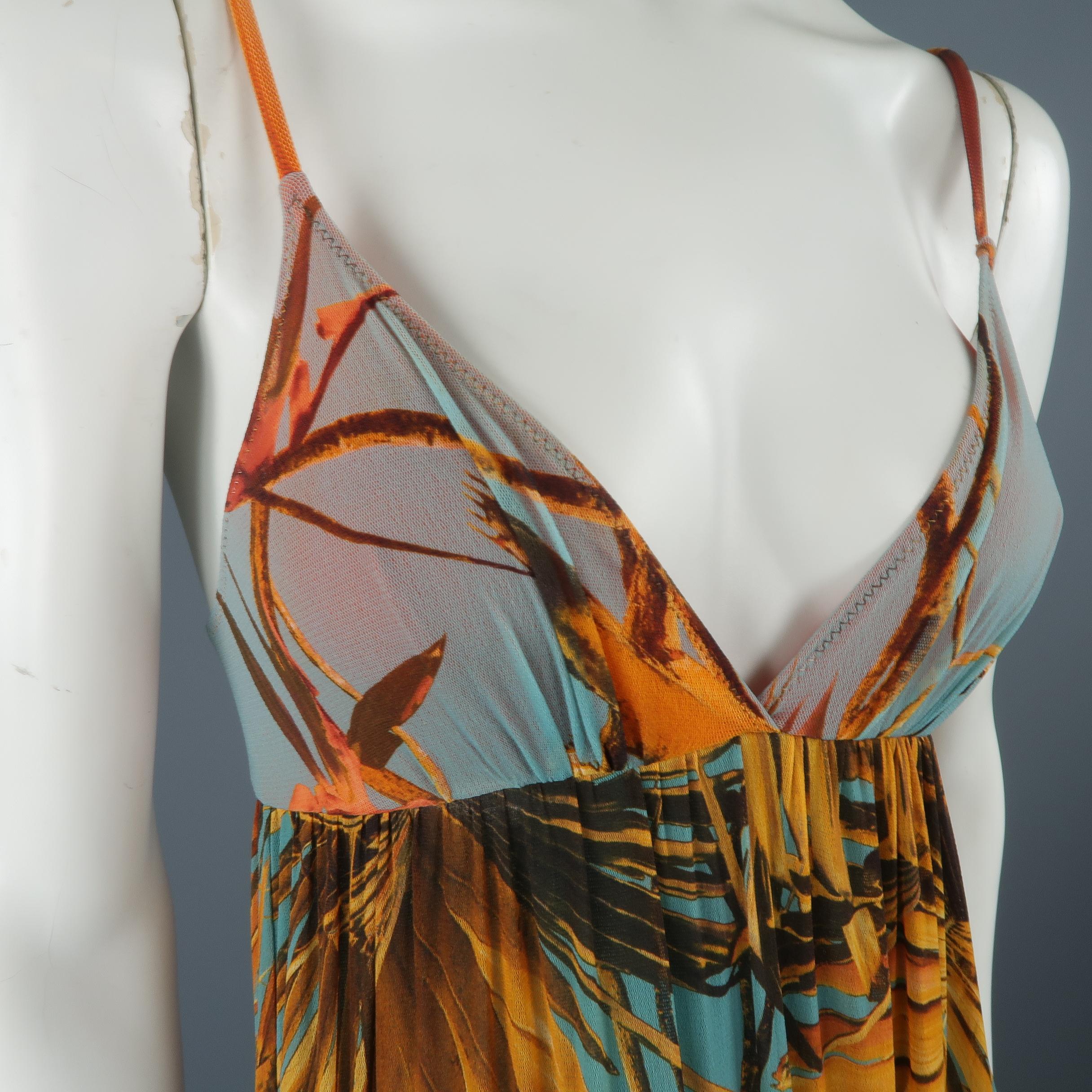 Brown JEAN PAUL GAULTIER Size S Blue & Orange Palm Leaf Print Mesh Maxi Dress