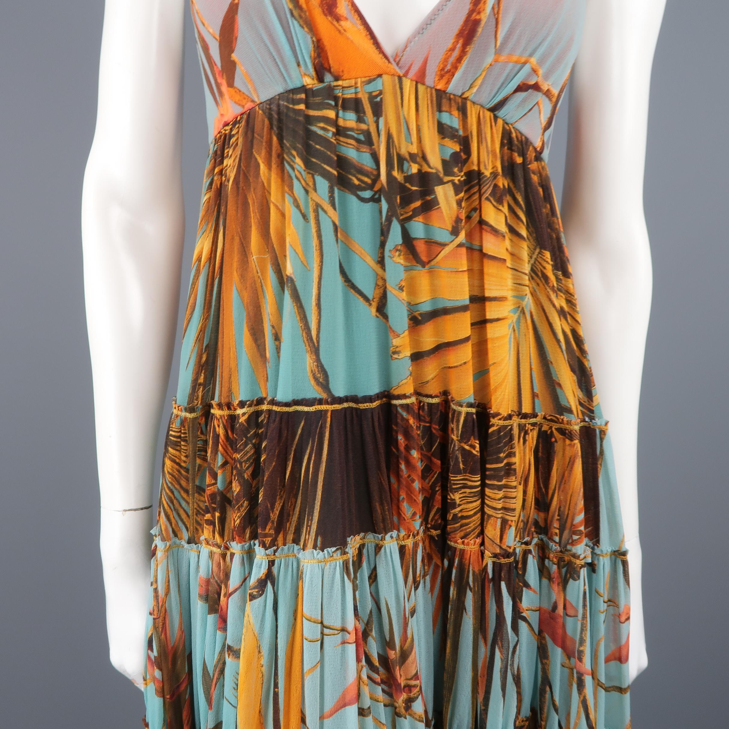 JEAN PAUL GAULTIER Size S Blue & Orange Palm Leaf Print Mesh Maxi Dress In Excellent Condition In San Francisco, CA