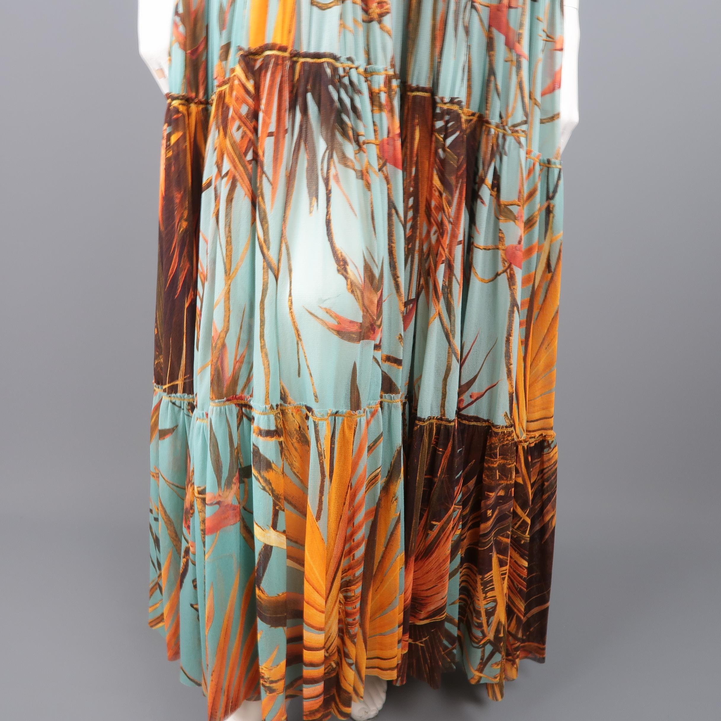 Women's JEAN PAUL GAULTIER Size S Blue & Orange Palm Leaf Print Mesh Maxi Dress