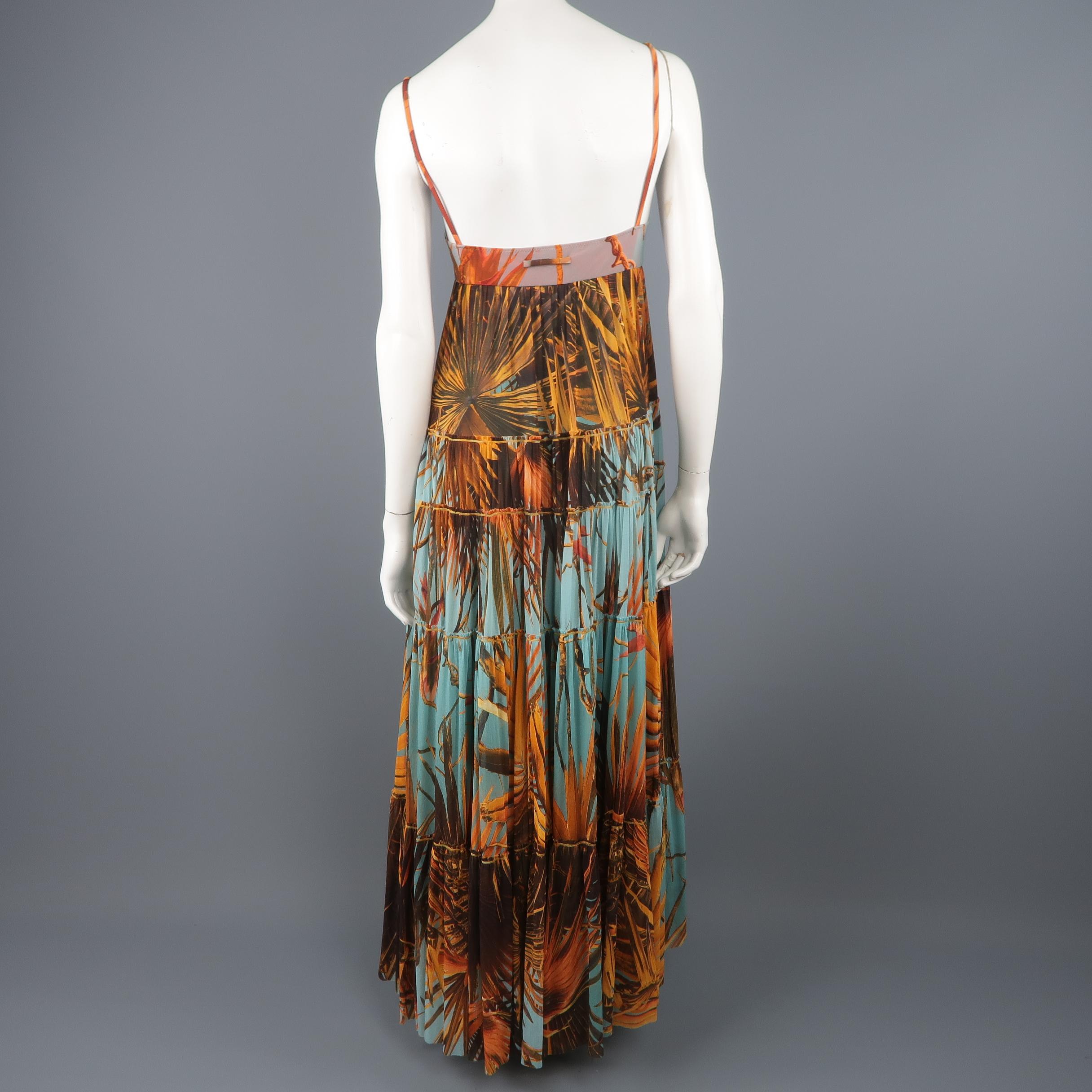 JEAN PAUL GAULTIER Size S Blue & Orange Palm Leaf Print Mesh Maxi Dress 3