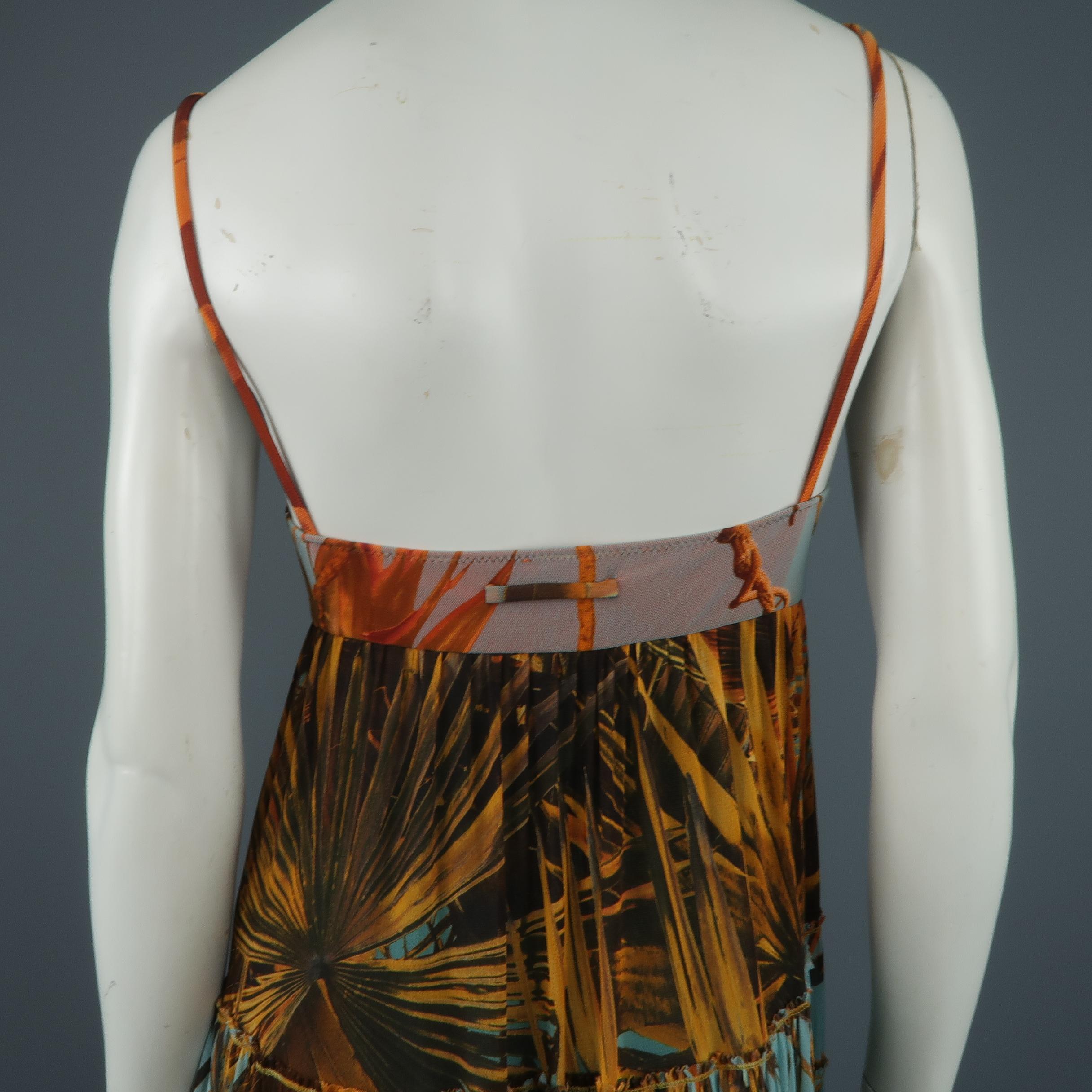 JEAN PAUL GAULTIER Size S Blue & Orange Palm Leaf Print Mesh Maxi Dress 4
