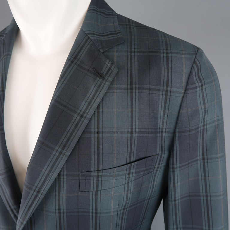 HERMES 42 Regular Gray and Muted Teal Plaid Wool Light Weight Sport ...