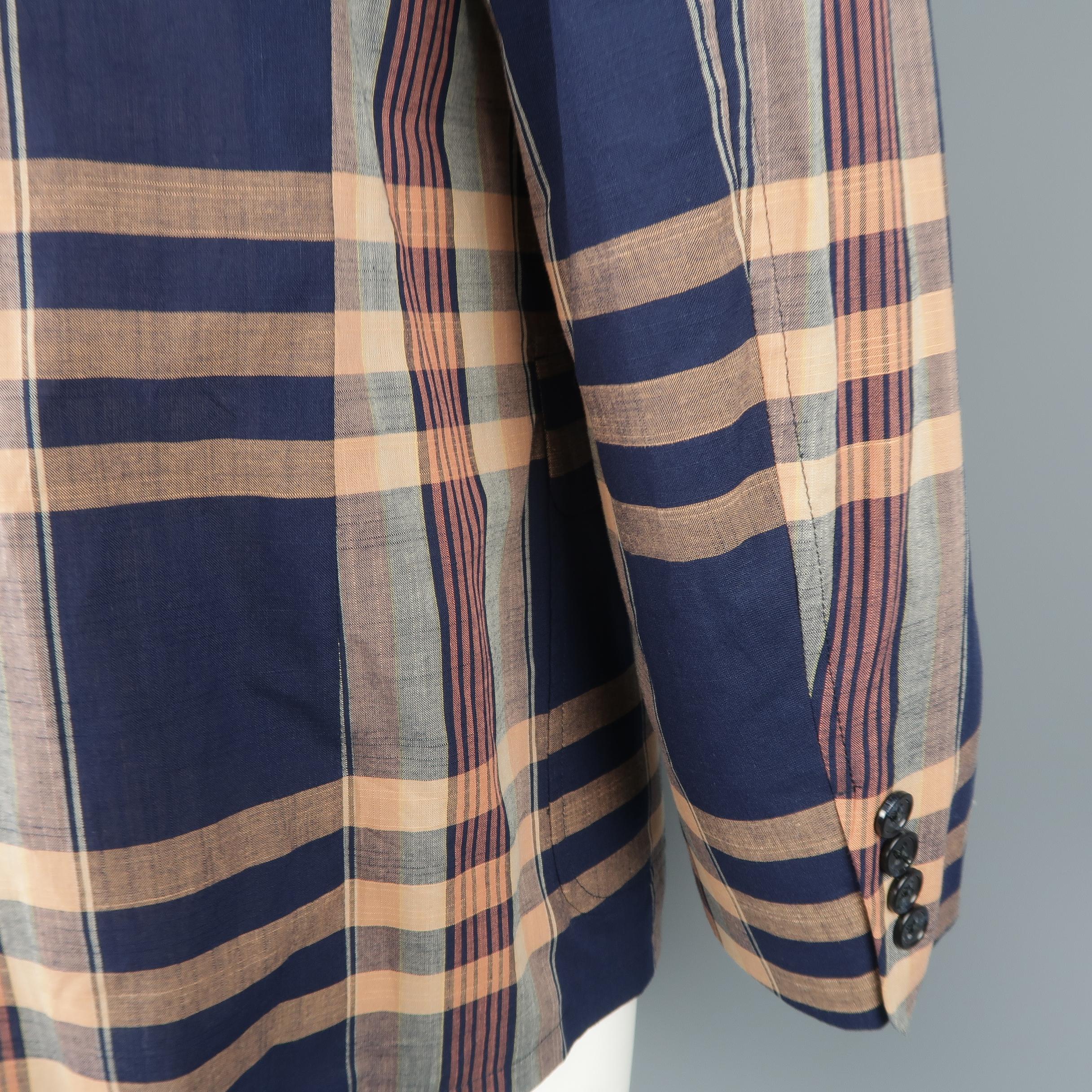 Men's GITMAN BROS 44 Navy & Peach Plaid Cotton Notch Lapel Sport Coat