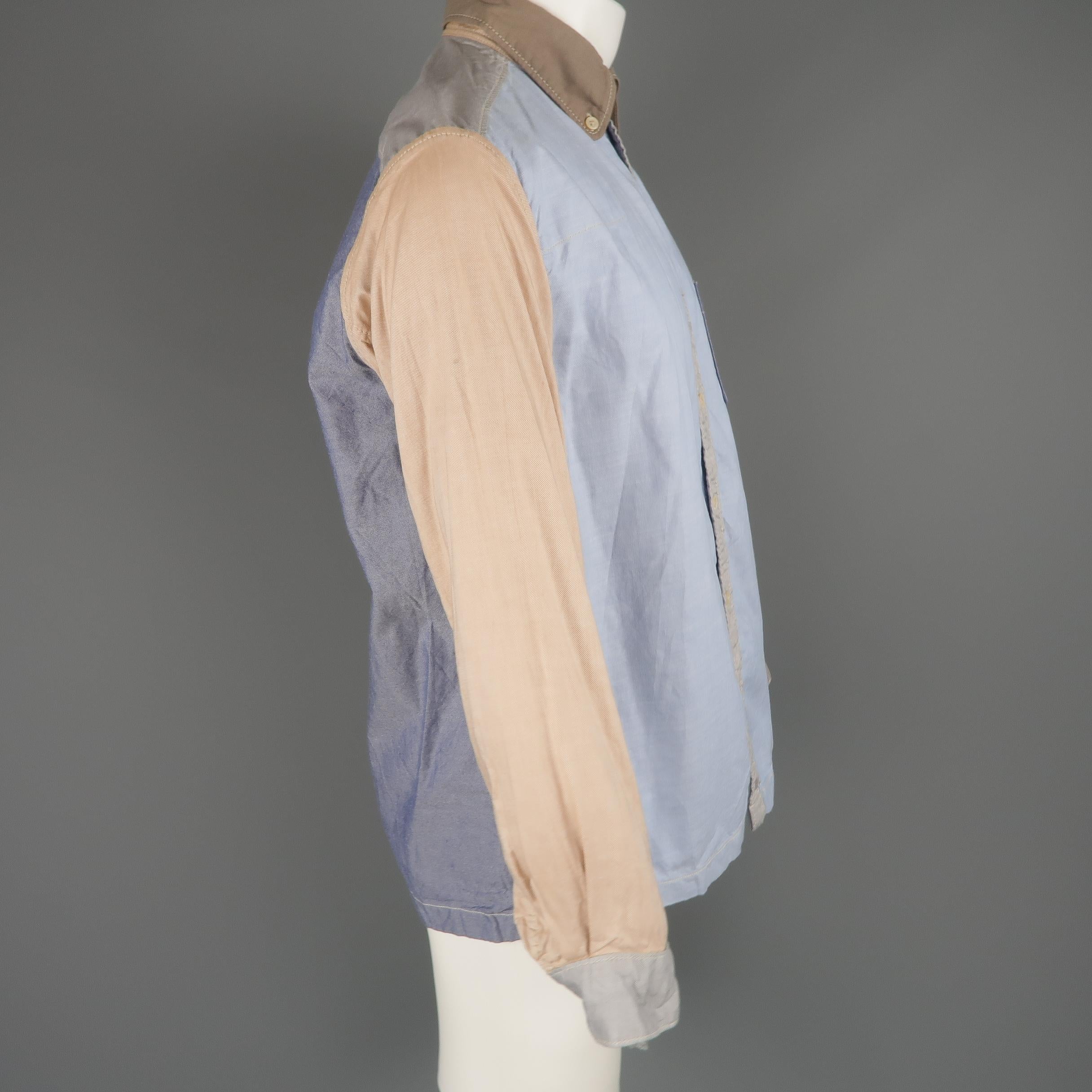 45rpm Size M Blue Gray & Tan Color Block Chambray Long Sleeve Shirt 1