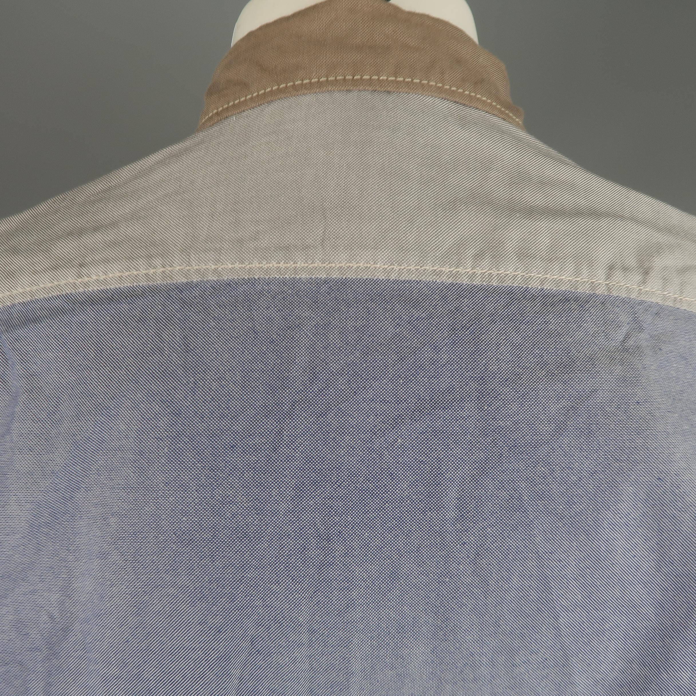 45rpm Size M Blue Gray & Tan Color Block Chambray Long Sleeve Shirt 3