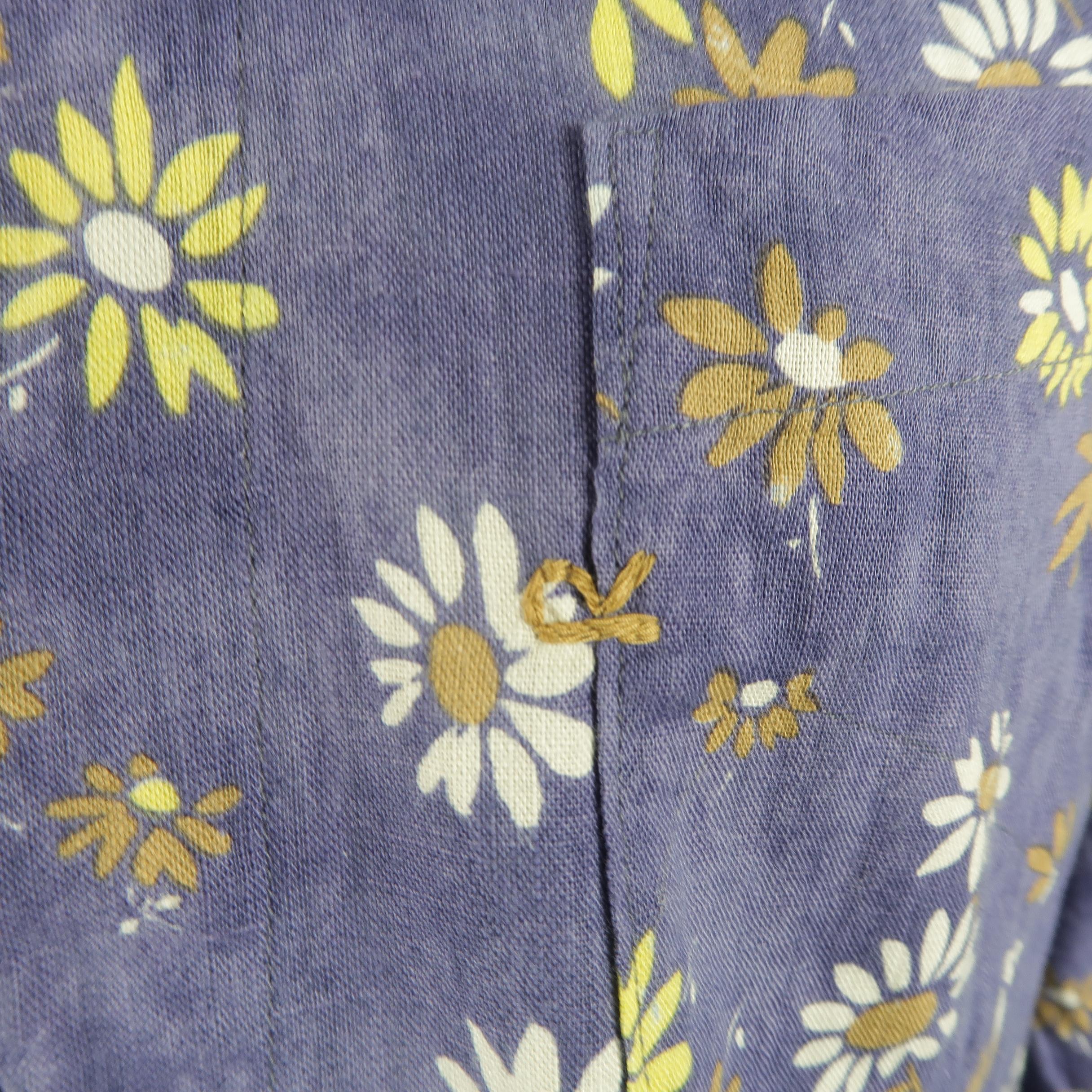45rpm Size L Blue Tie Dye Wash Floral Print Cotton / Linen Long Sleeve Shirt In Excellent Condition In San Francisco, CA