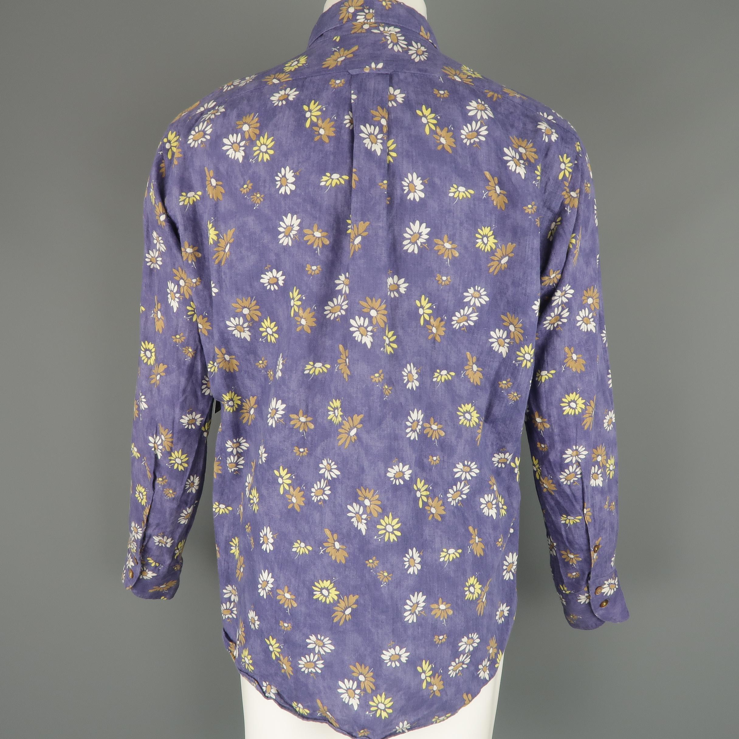 Men's 45rpm Size L Blue Tie Dye Wash Floral Print Cotton / Linen Long Sleeve Shirt