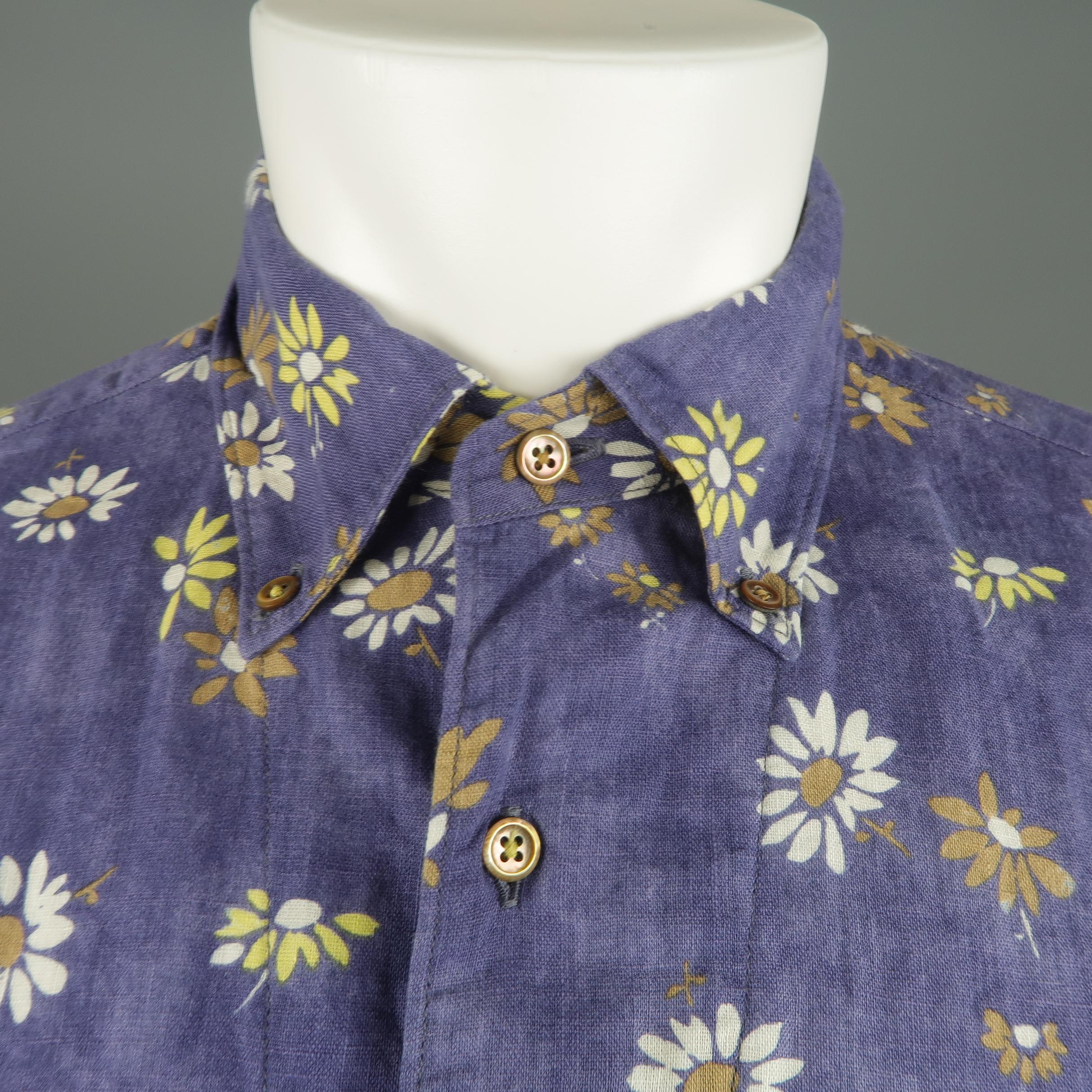 45RPM shirt comes in a tie dye washed indigo blue cotton linen blend with all over floral print, a pointed  button down collar, patch breast pocket, and embroidered R logo. Made in Japan.
 
Excellent Pre-Owned Condition.
Marked: 5
 
Measurements:
