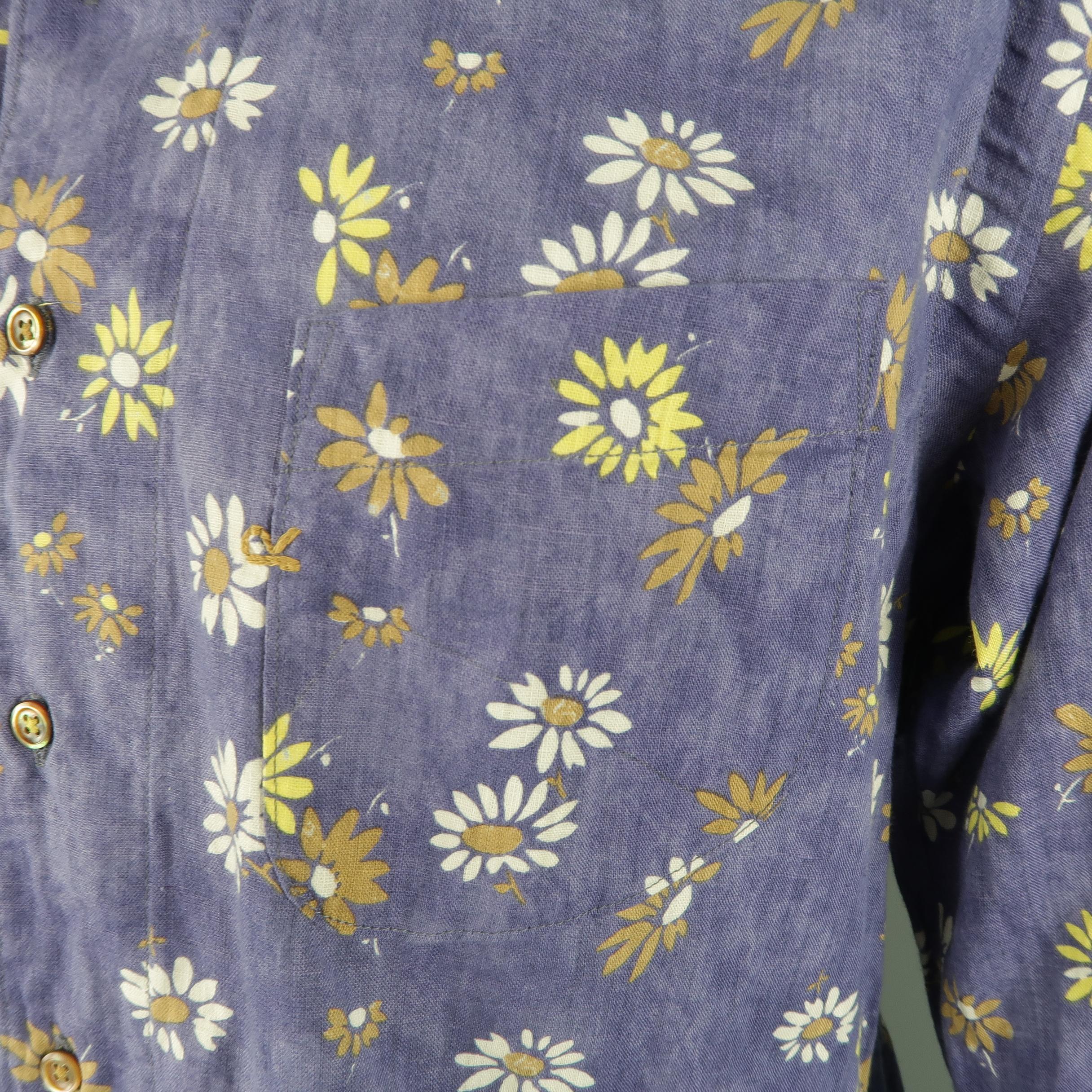 Gray 45rpm Size L Blue Tie Dye Wash Floral Print Cotton / Linen Long Sleeve Shirt