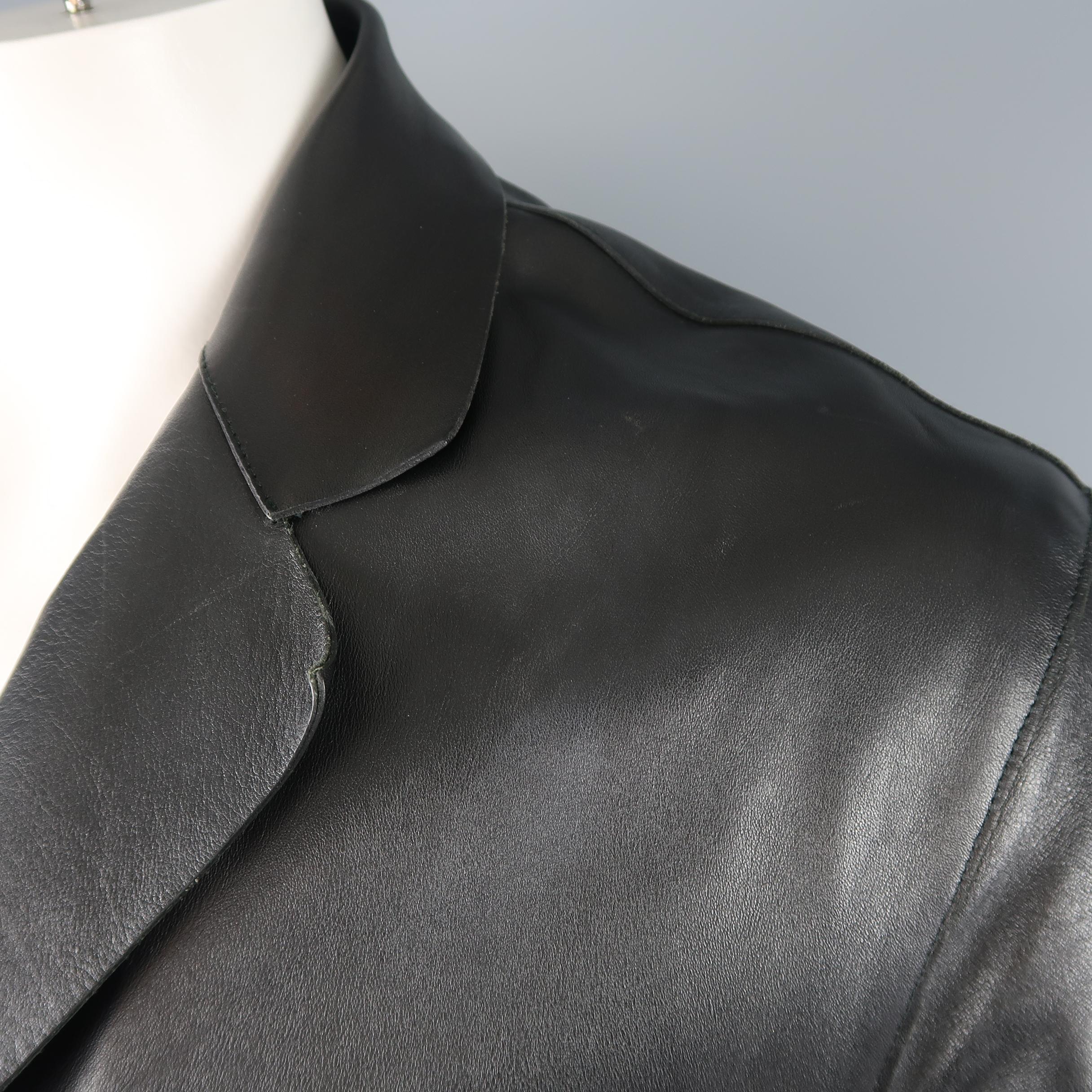 PRADA 44 Black Leather Three Button Notch Lapel Coat In Fair Condition In San Francisco, CA