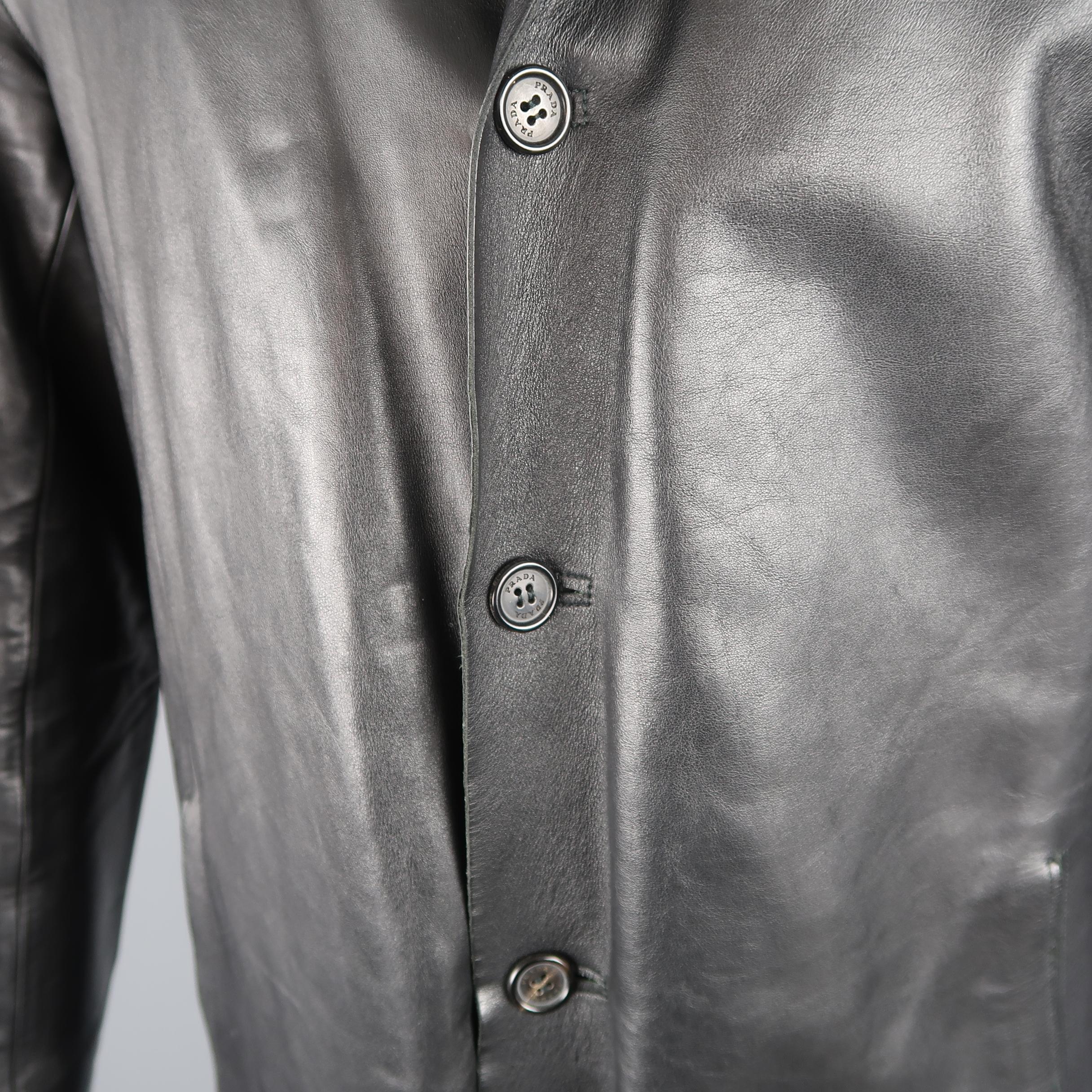 Men's PRADA 44 Black Leather Three Button Notch Lapel Coat