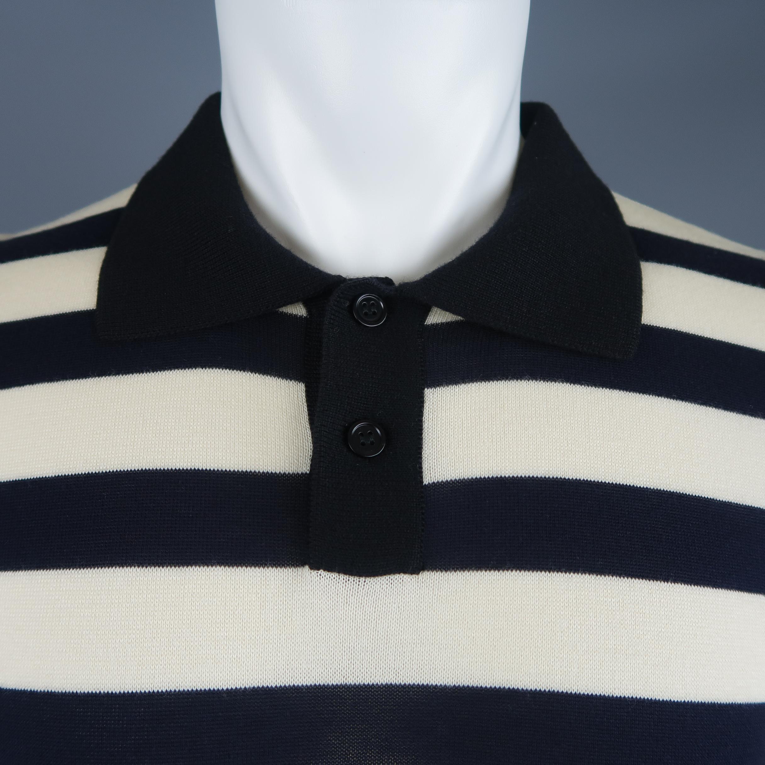 MARNI oversized polo comes in beige and navy striped cotton wool blend knit with patchwork details.  Made in Italy.
 
New with Tags. Pre-Owned Condition.
Marked: IT 48
 
Measurements:
 
Shoulder: 18 in.
Chest: 38 in.
Sleeve: 11 in.
Length: 30 in.
