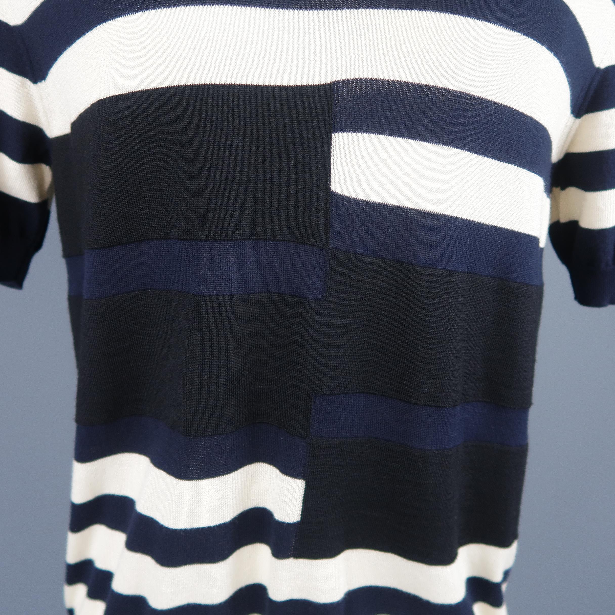 MARNI Size S Black Navy & Beige Stripe Cotton / Wool POLO In New Condition In San Francisco, CA