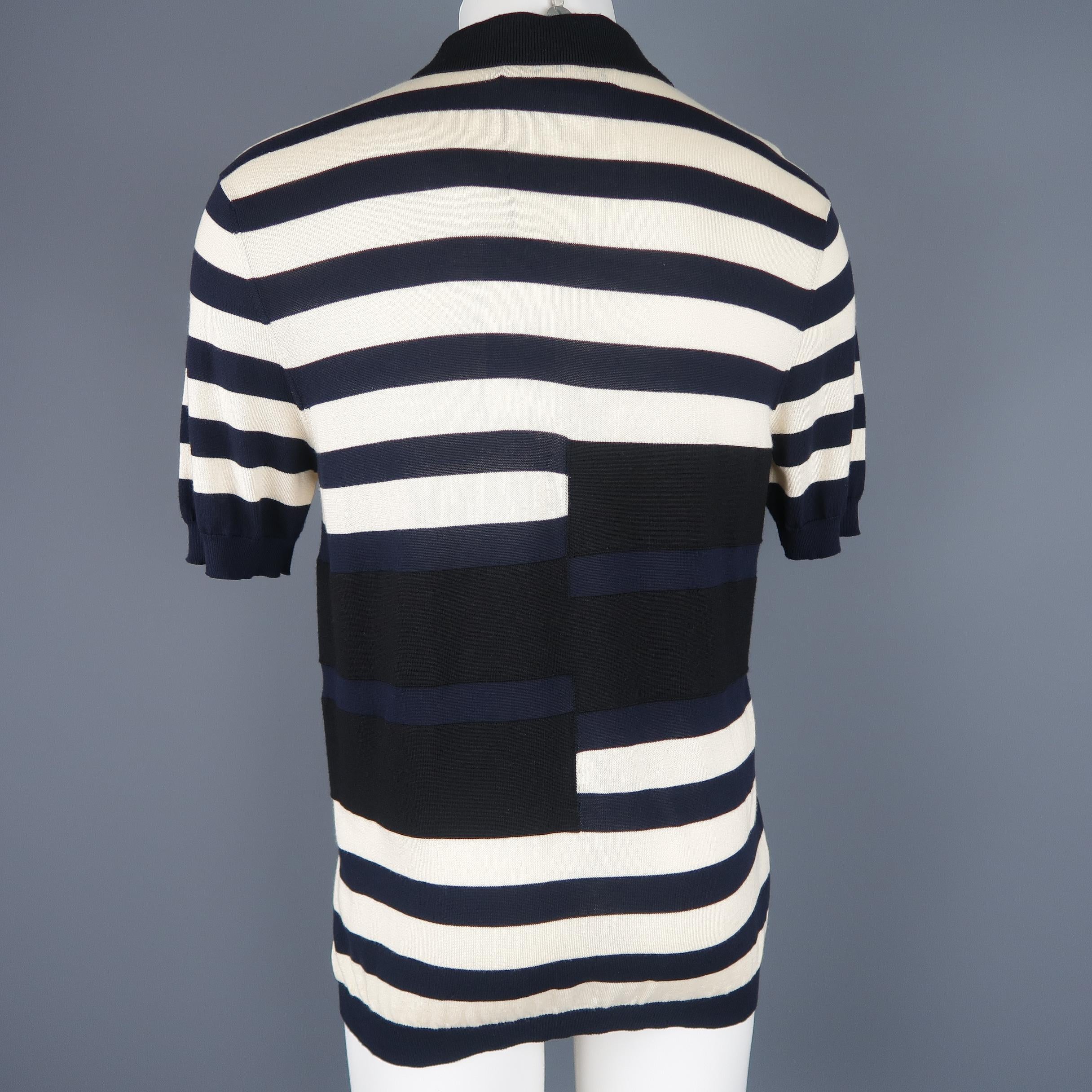 Men's MARNI Size S Black Navy & Beige Stripe Cotton / Wool POLO