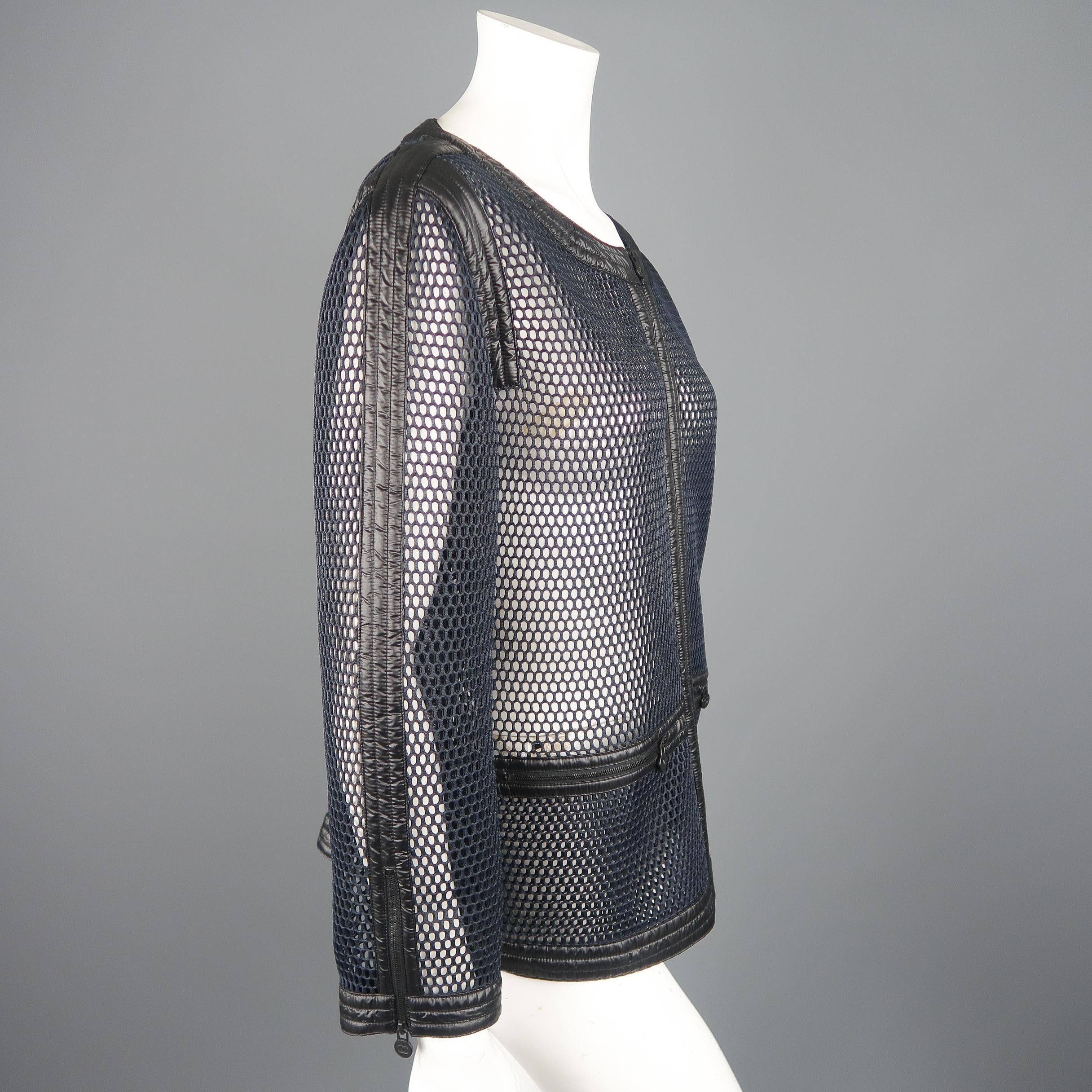 Chanel Navy and Black Mesh Scoop Neck Metallic Piping Sport Jacket 1