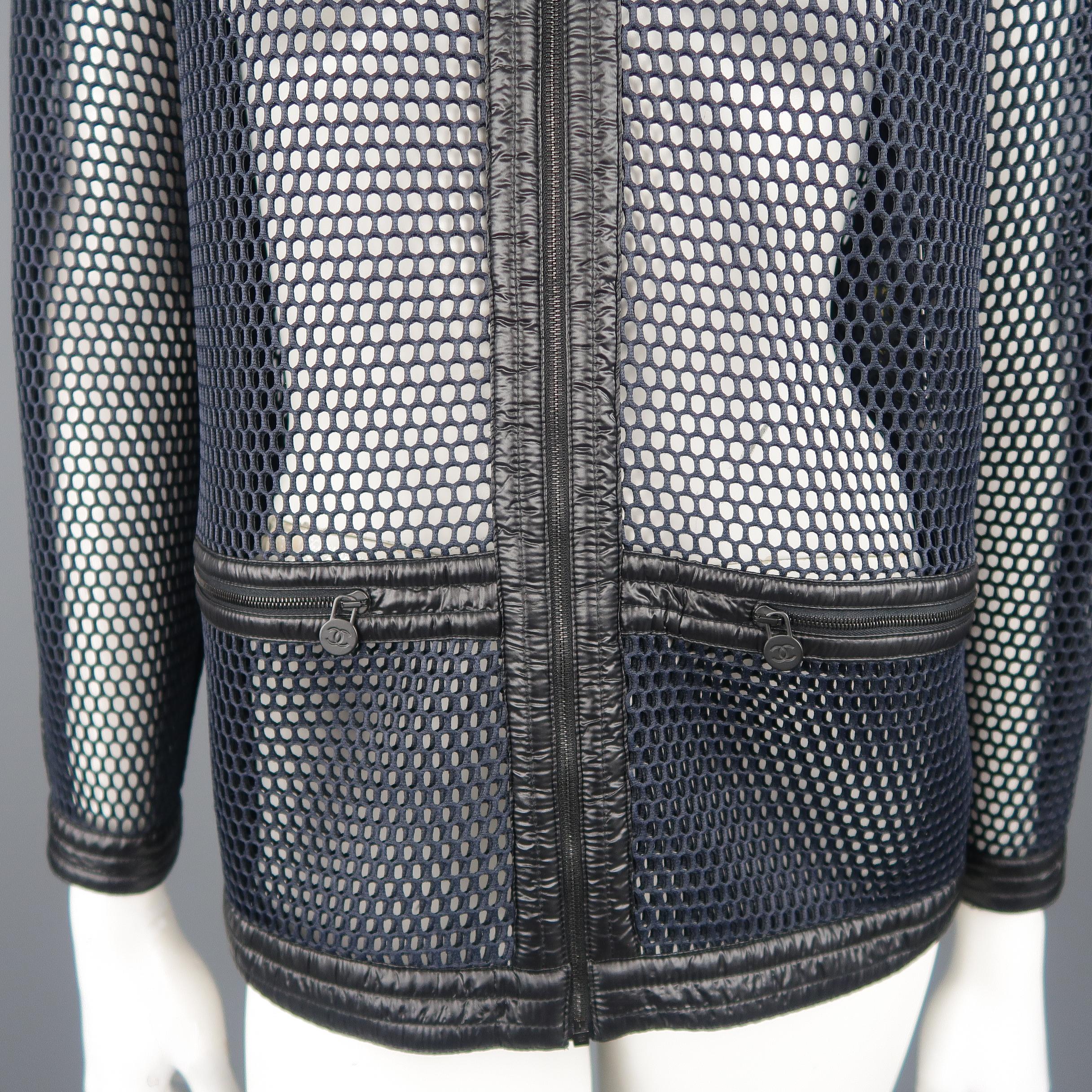 Chanel Navy and Black Mesh Scoop Neck Metallic Piping Sport Jacket In Excellent Condition In San Francisco, CA