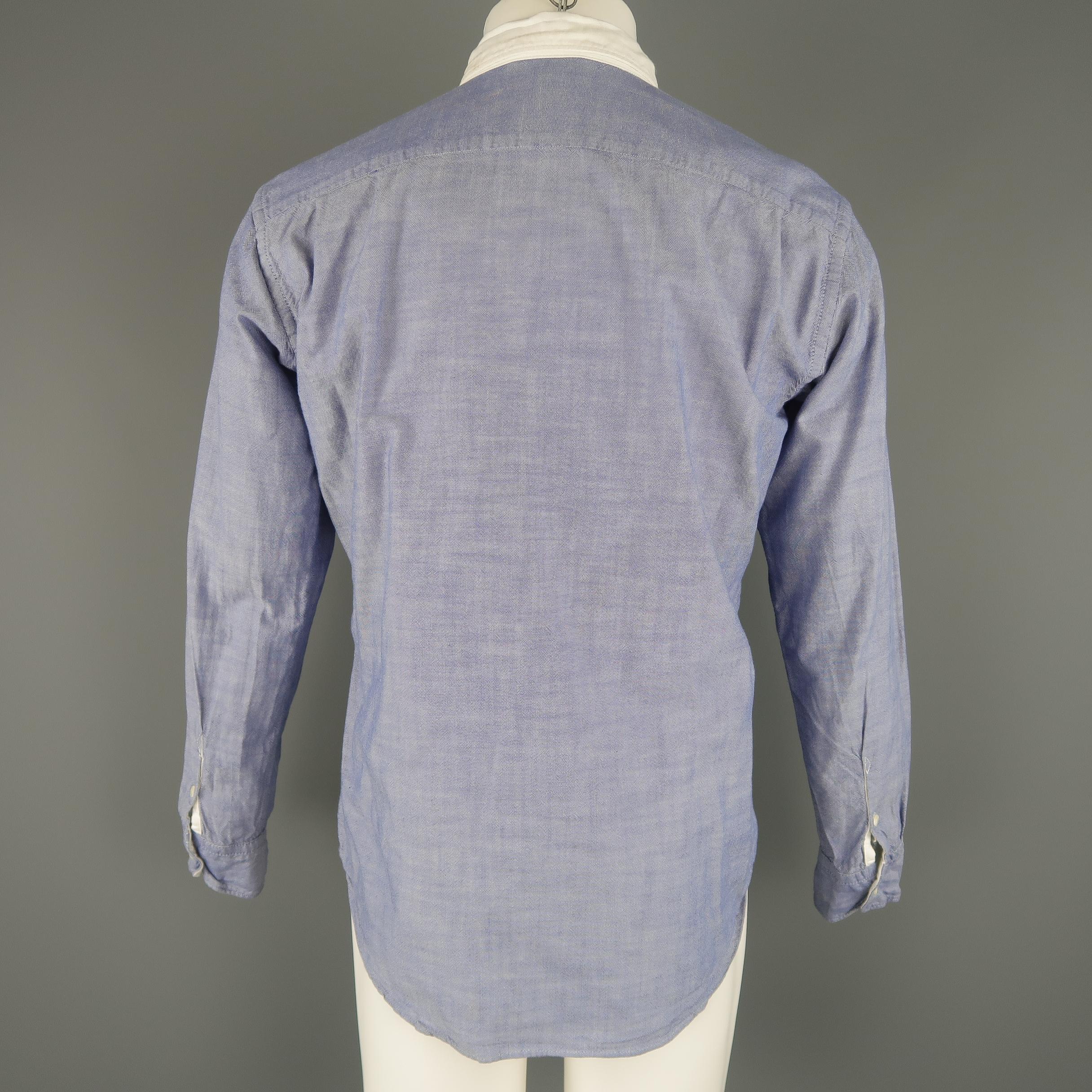 Men's 45rpm Size M Navy & White Color Block Cotton Chambray Long Sleeve Shirt