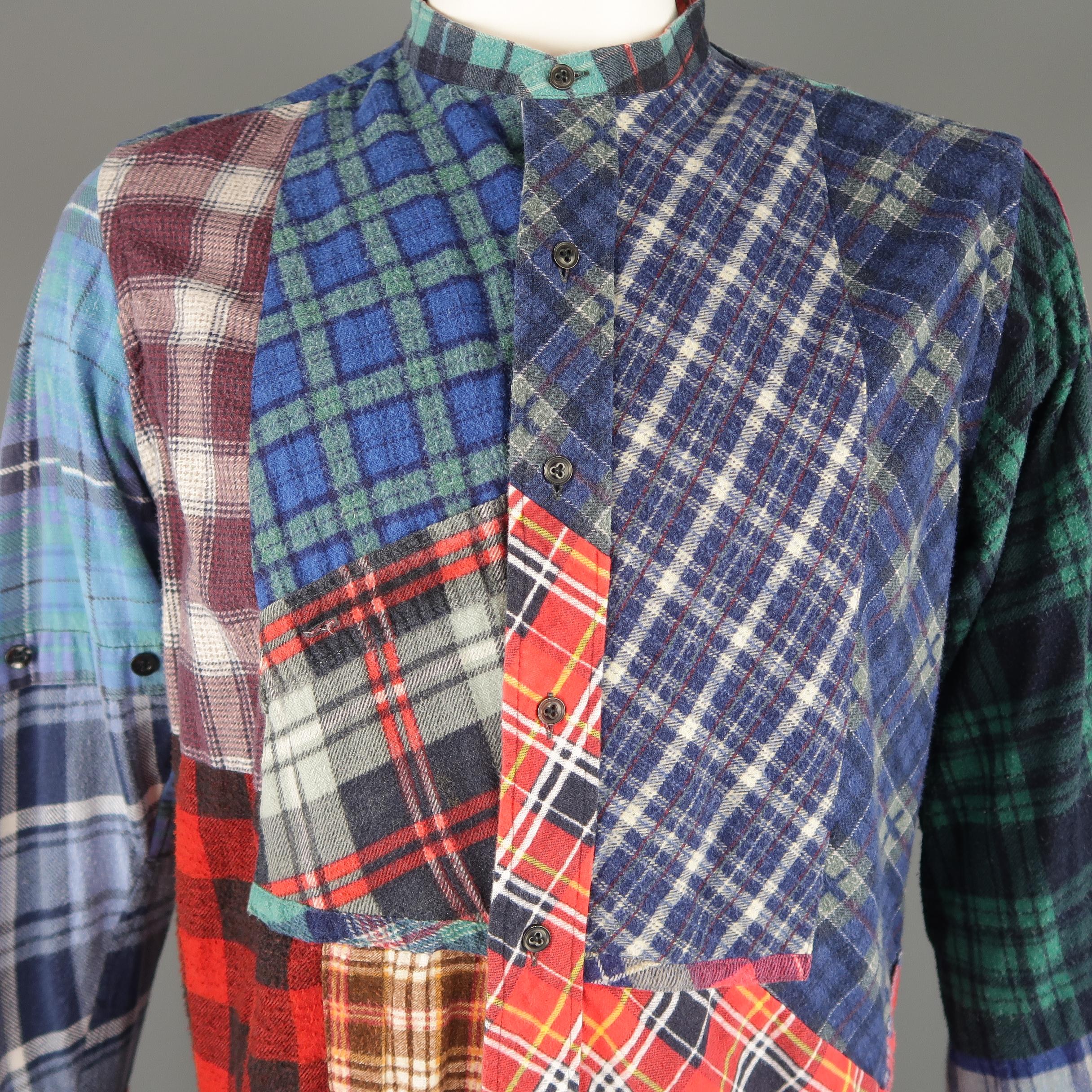 REBUILD BY NEEDLES shirt comes in mixed cotton plaid flannel patchwork panels with a band collar.  Made in Japan.
 
Excellent Pre-Owned Condition.
Marked: XL
 
Measurements:
 
Shoulder: 17 in.
Chest: 50 in.
Sleeve: 26 in.
Length: 31 in.