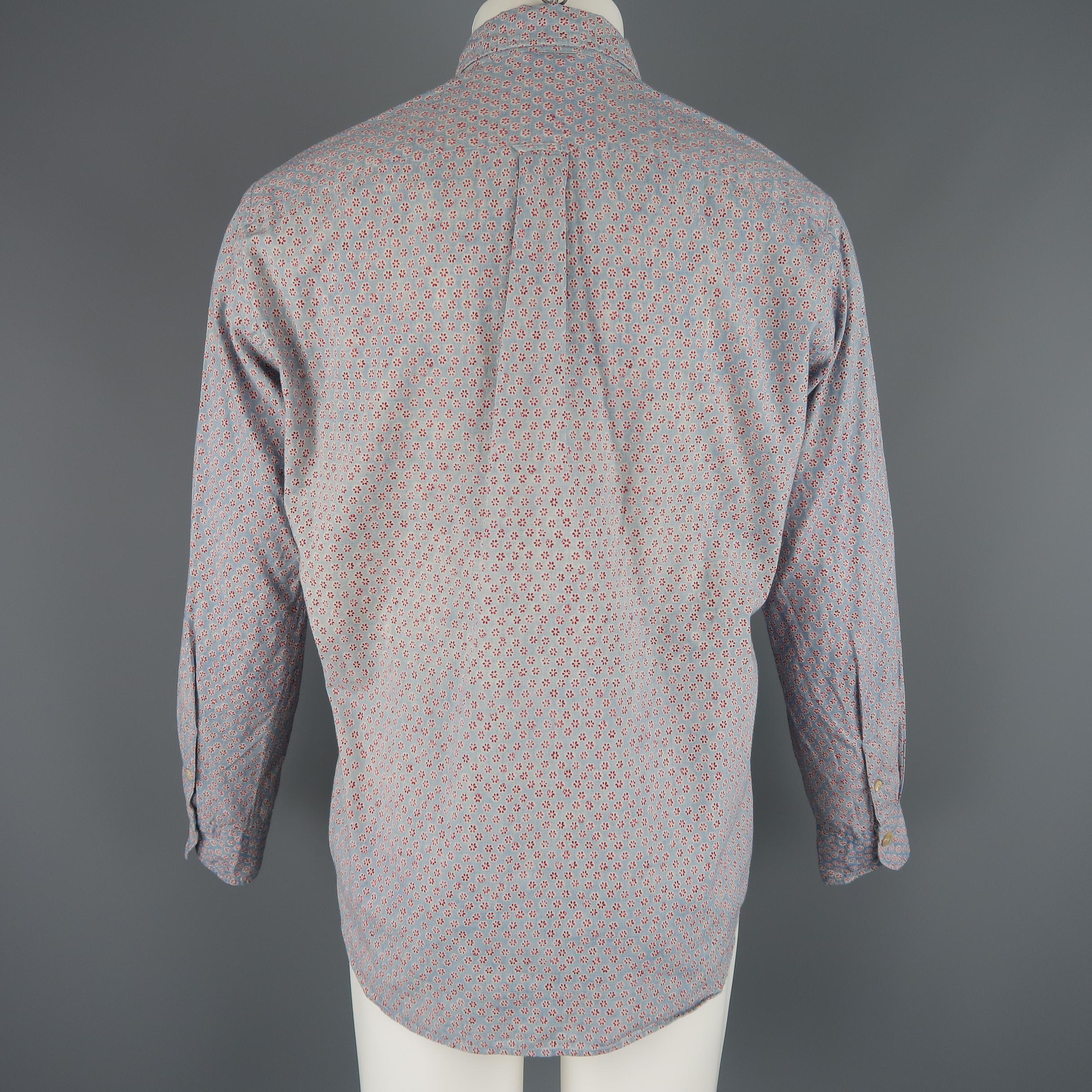 Men's 45rpm Size M Blue & Red Floral Print Cotton Long Sleeve Shirt