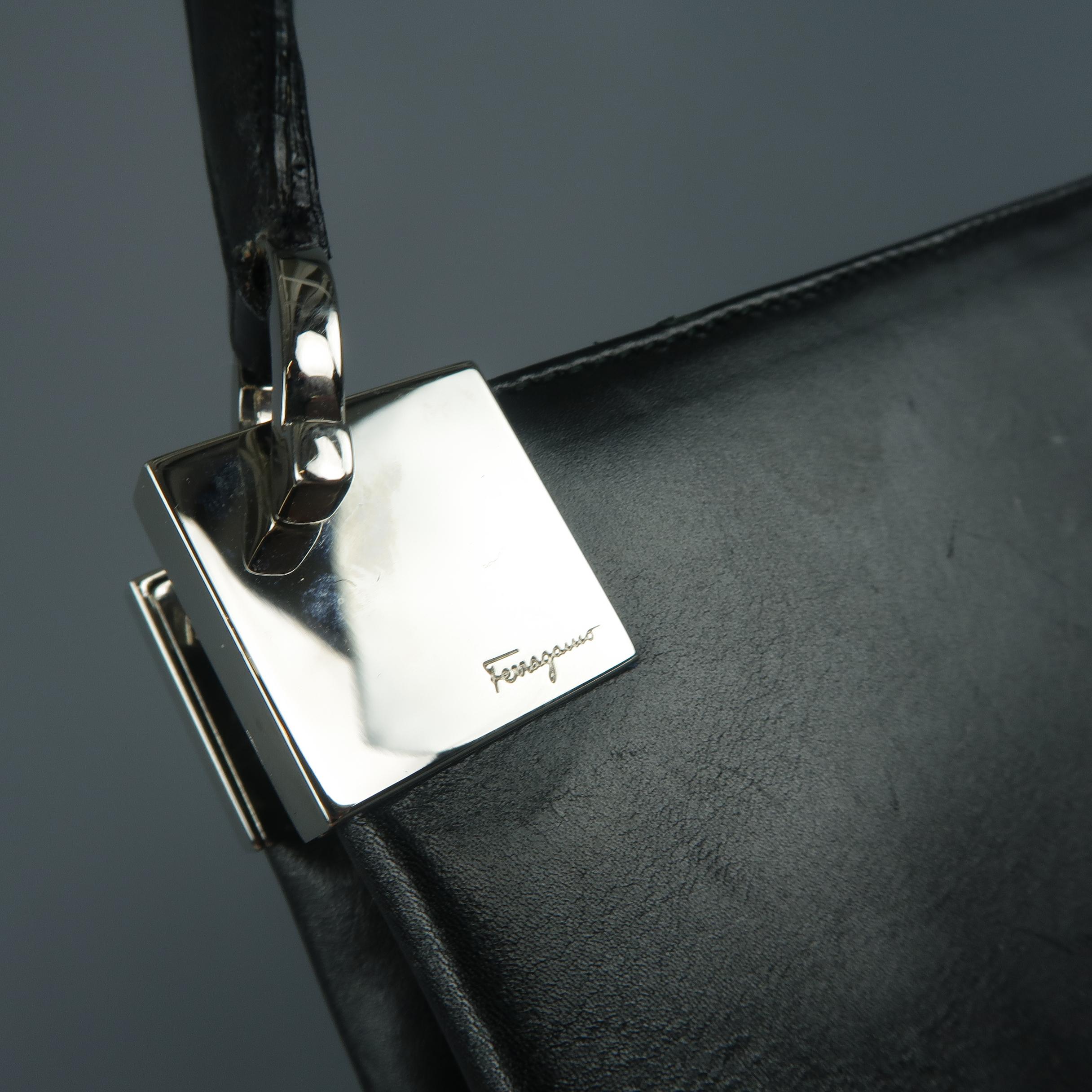 Vintage SALVATORE FERRAGAMO Black LeatherSilver Hardware Shoulder Bag In Fair Condition In San Francisco, CA