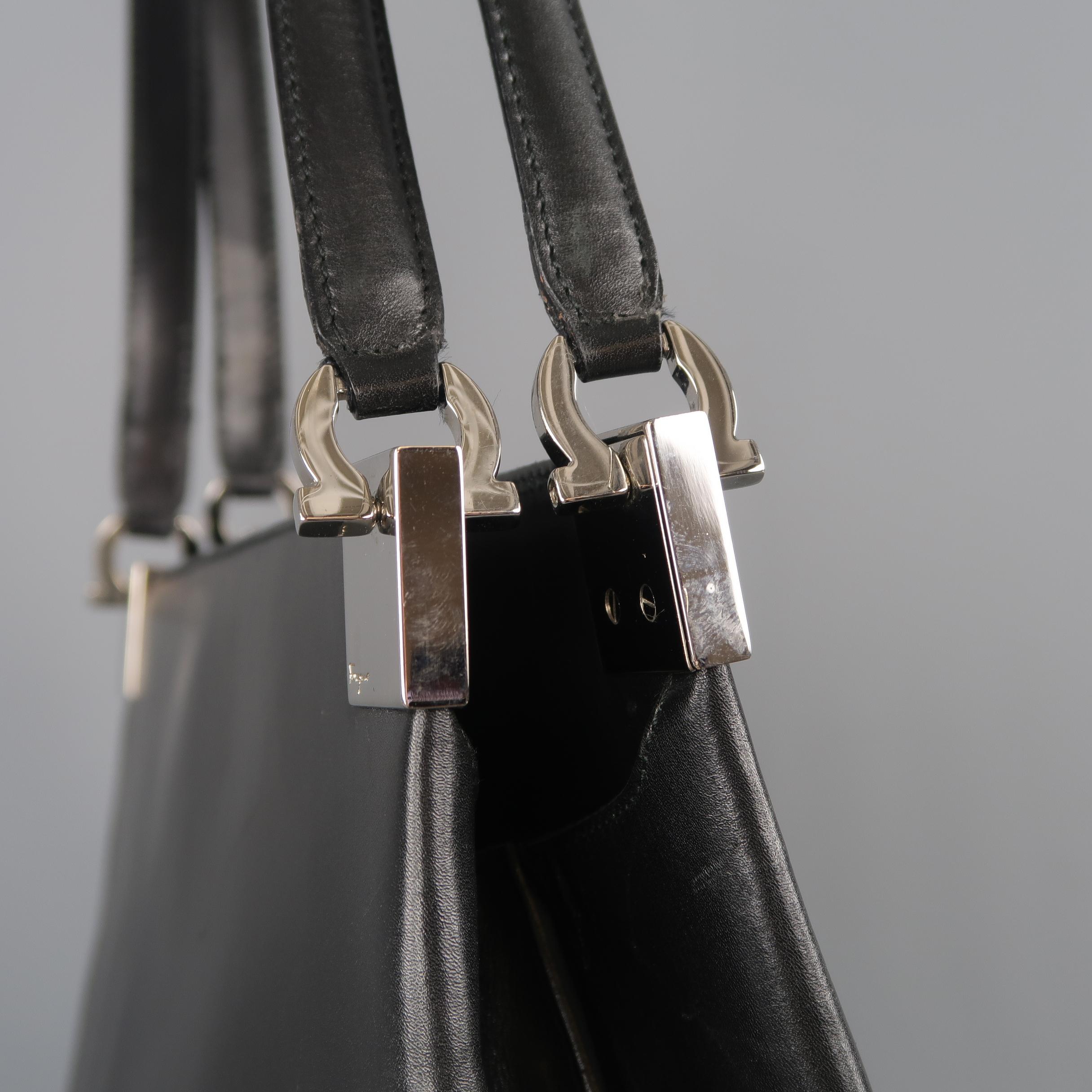 Vintage SALVATORE FERRAGAMO Black LeatherSilver Hardware Shoulder Bag  1