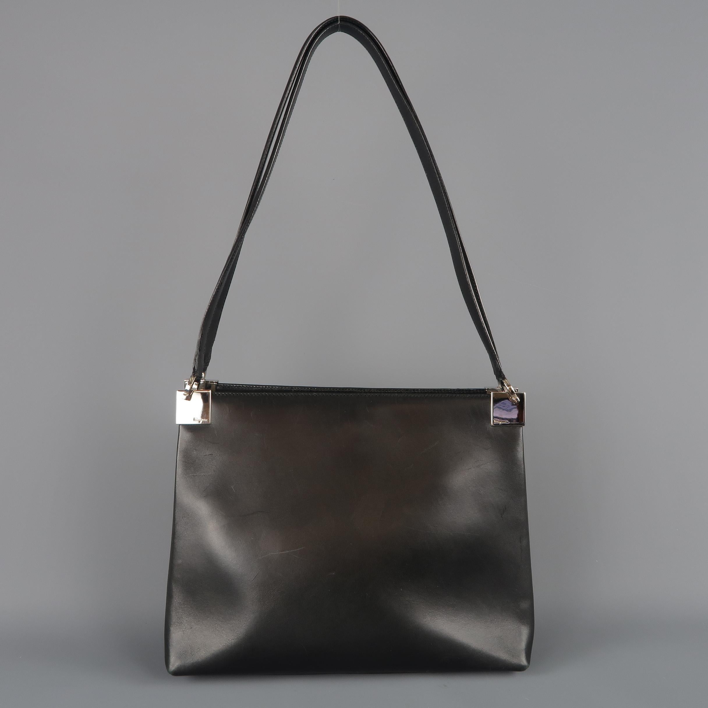 Vintage SALVATORE FERRAGAMO Black LeatherSilver Hardware Shoulder Bag  2