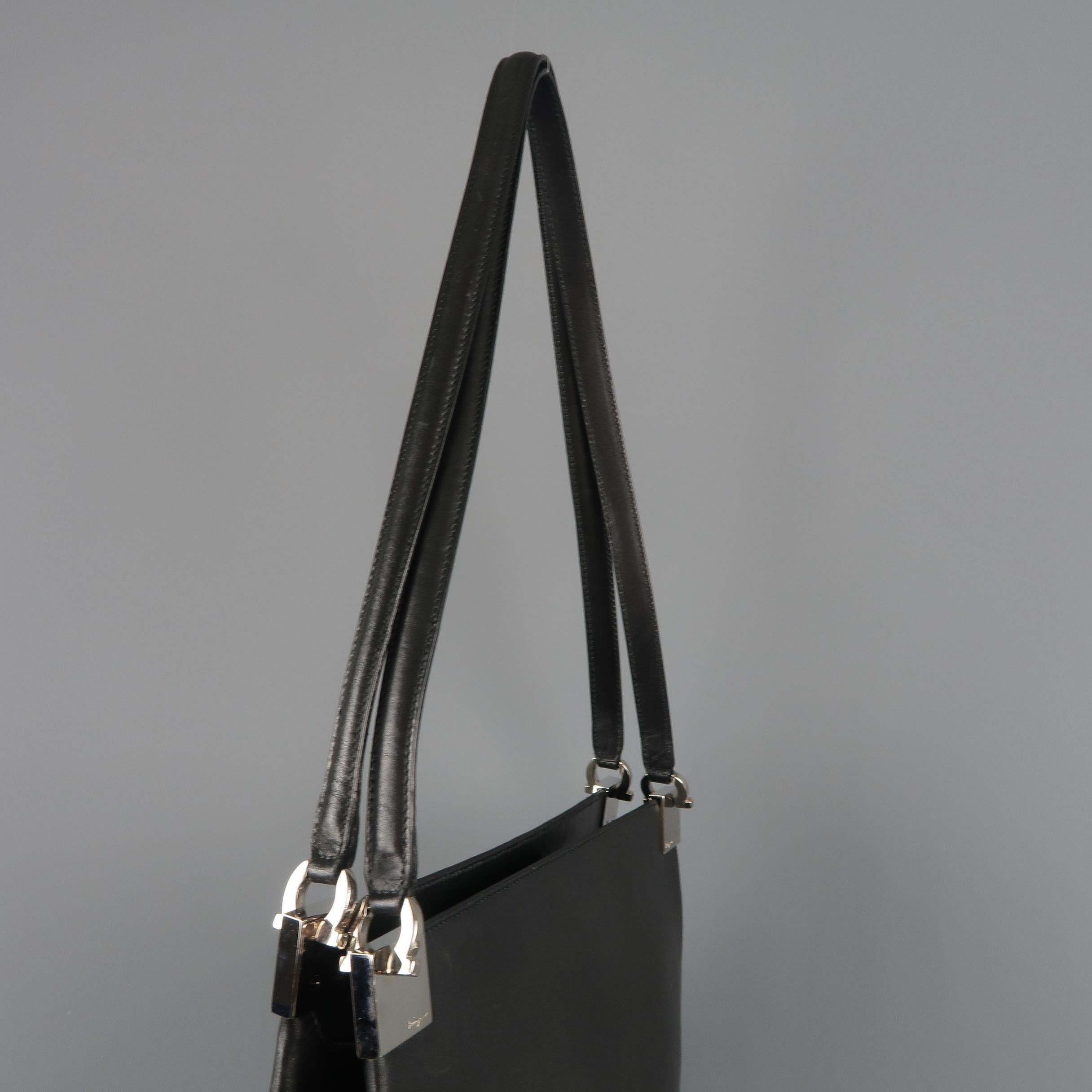 Vintage SALVATORE FERRAGAMO Black LeatherSilver Hardware Shoulder Bag  4