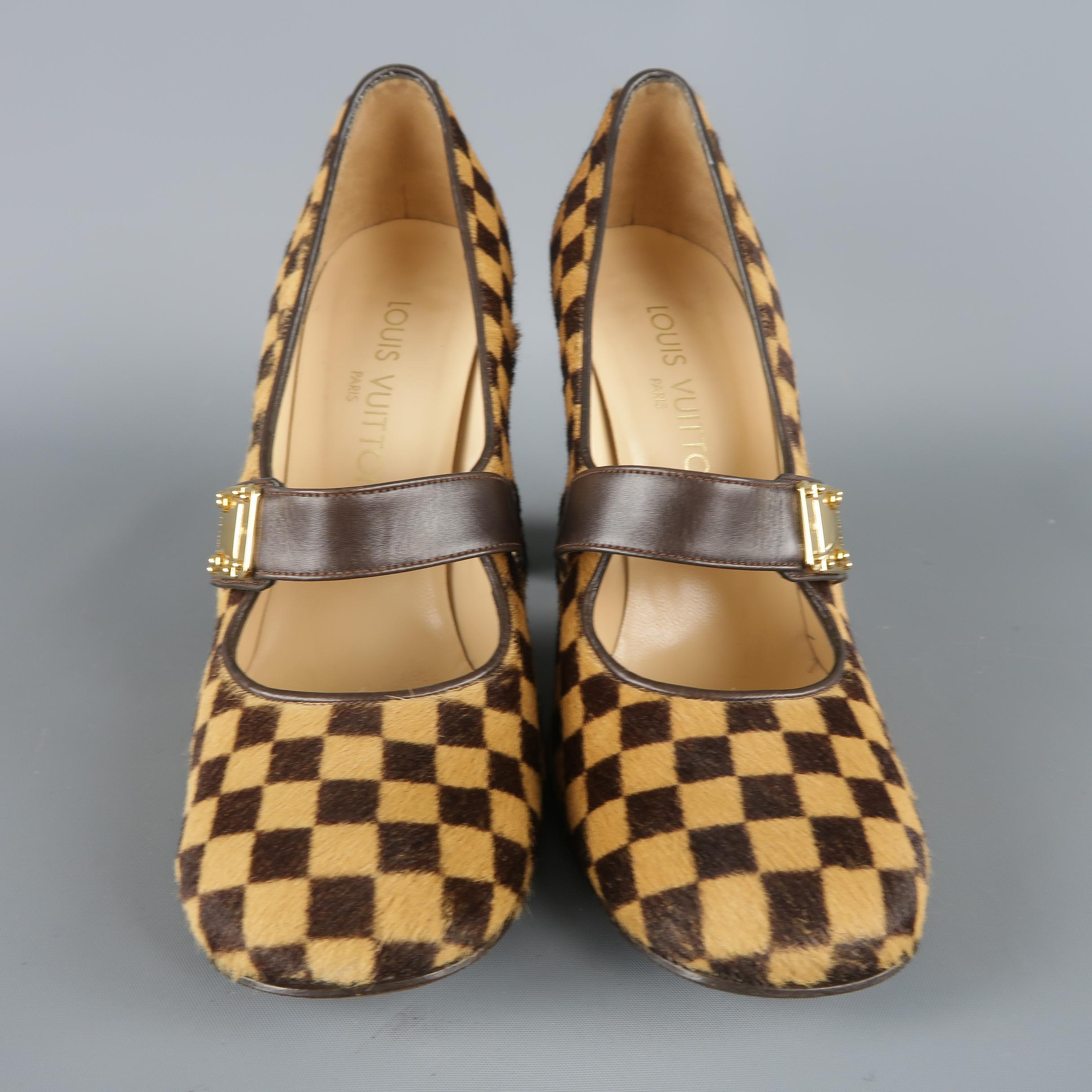 Black Louis Vuitton Beige Brown Checkered Pony Hair Gold Buckle Mary Jane Pumps