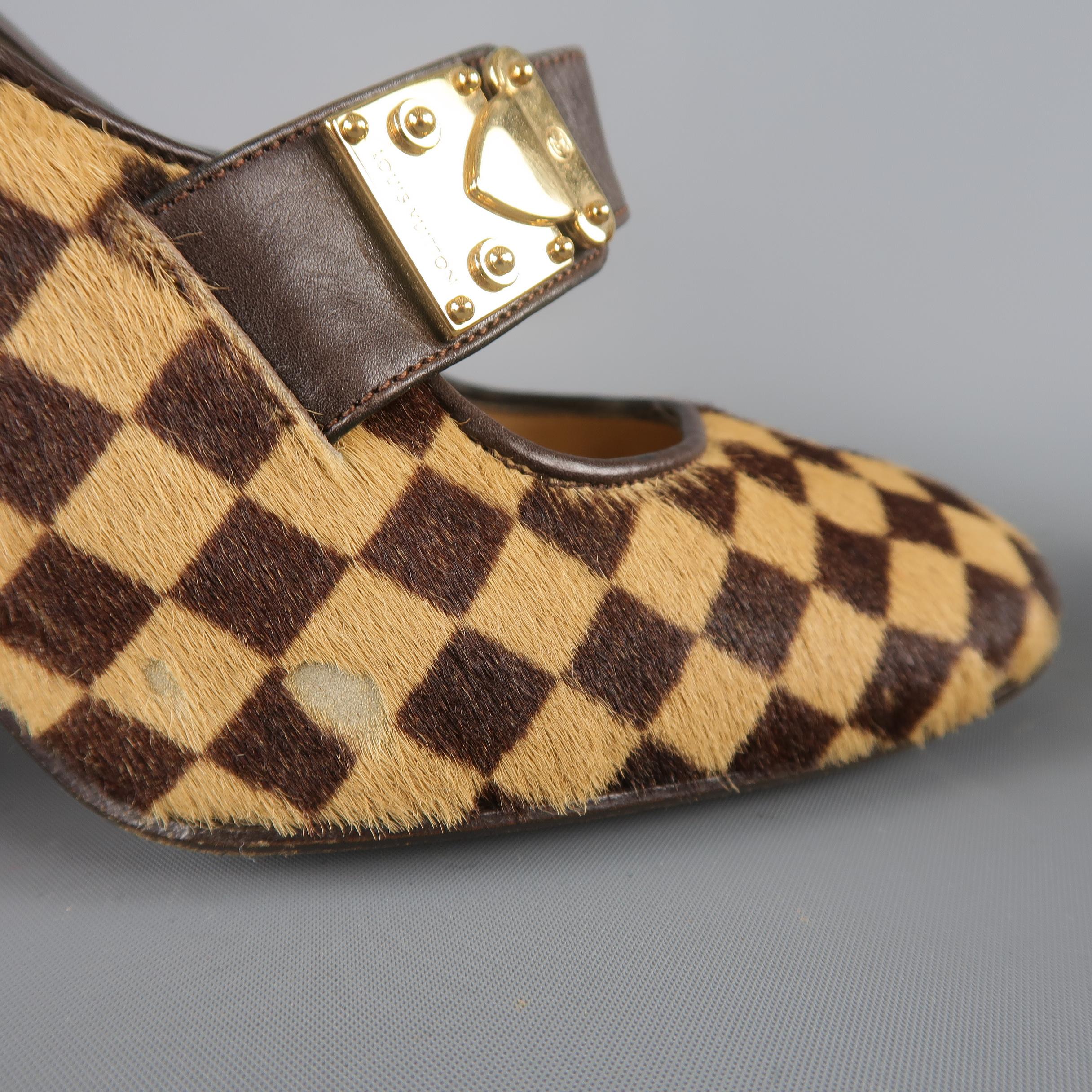 Louis Vuitton Beige Brown Checkered Pony Hair Gold Buckle Mary Jane Pumps In Good Condition In San Francisco, CA