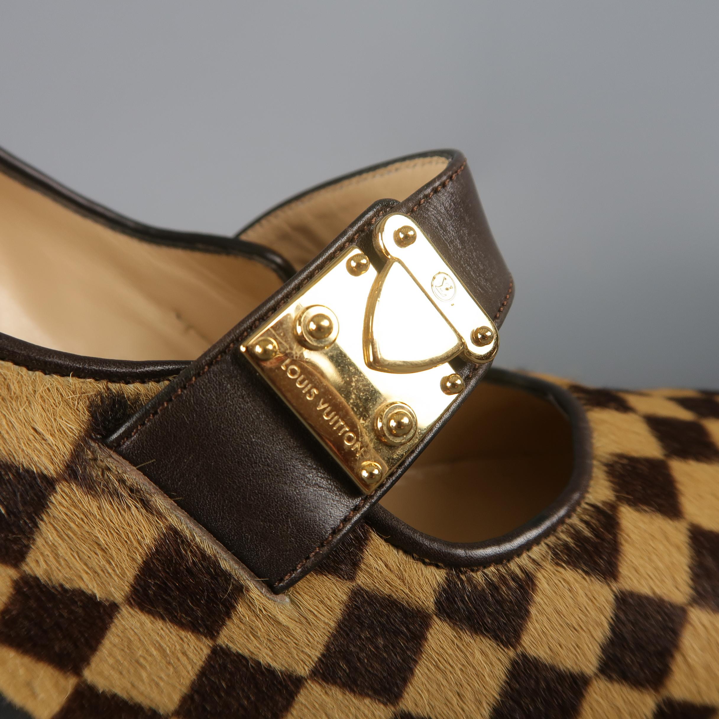 Women's Louis Vuitton Beige Brown Checkered Pony Hair Gold Buckle Mary Jane Pumps